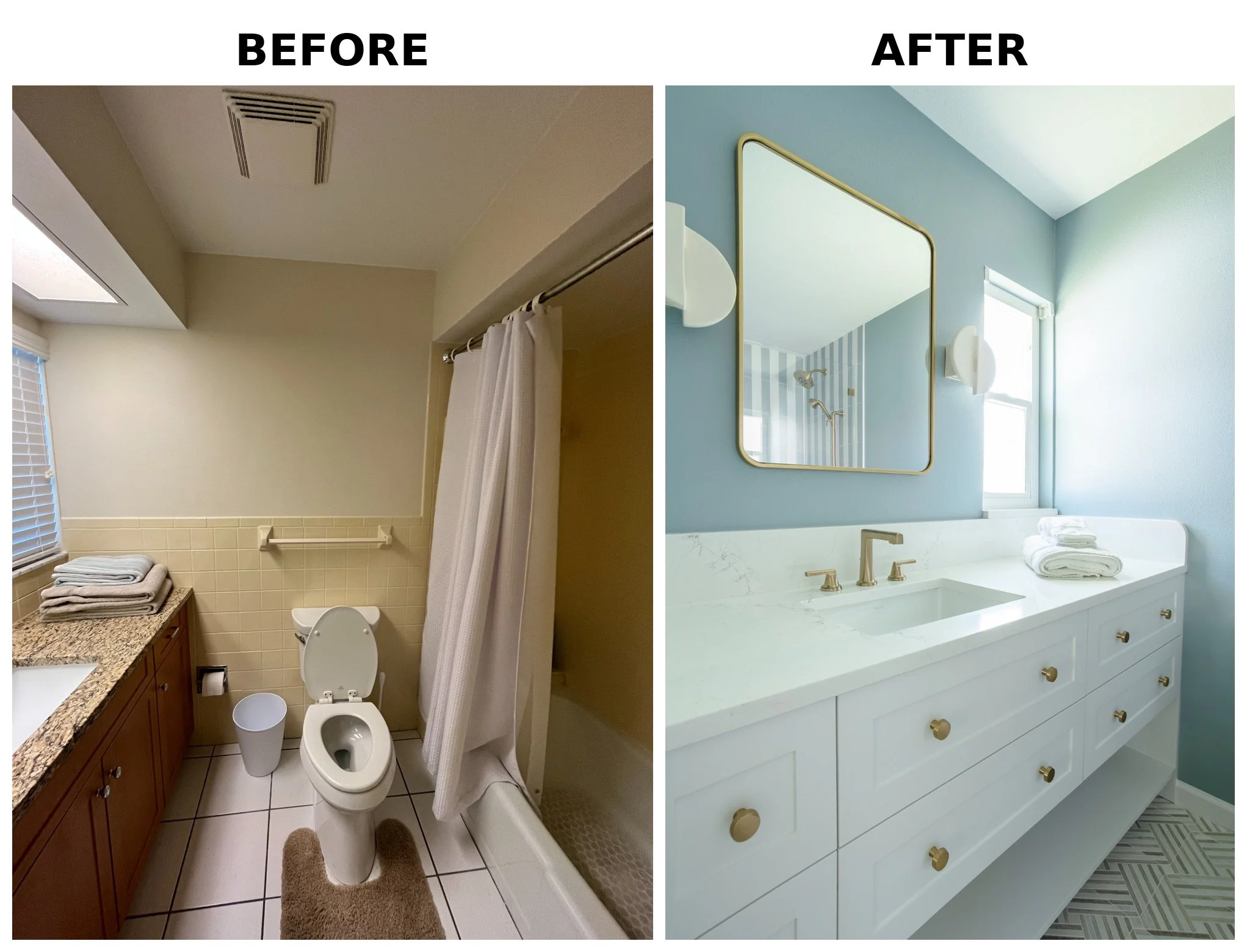 Comparison of a bathroom before and after renovation: the before side shows an old beige bathroom with a small mirror, beige tiles, and a shower curtain, while the after side shows a modern bathroom with a large mirror, light blue walls, white vanity