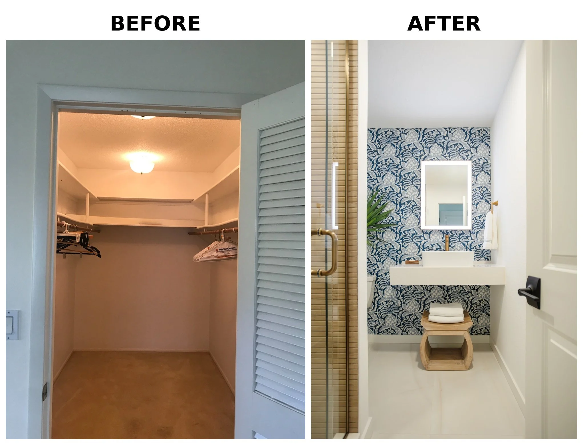 Side-by-side comparison of a closet and bathroom before and after renovation. The 'before' shows empty closet space with a ceiling light and louvered door, while the 'after' reveals a decorated bathroom with a patterned wallpaper, mirror, towel rack,