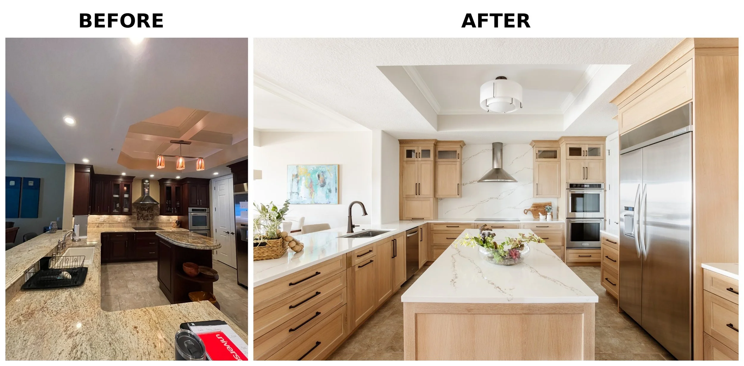 Comparison of a kitchen before and after renovation. Before: darker wood cabinets, darker countertops, older ceiling with a drop-down feature and three pendant lights. After: brighter, light wood cabinets, white countertops, modern light fixture, and