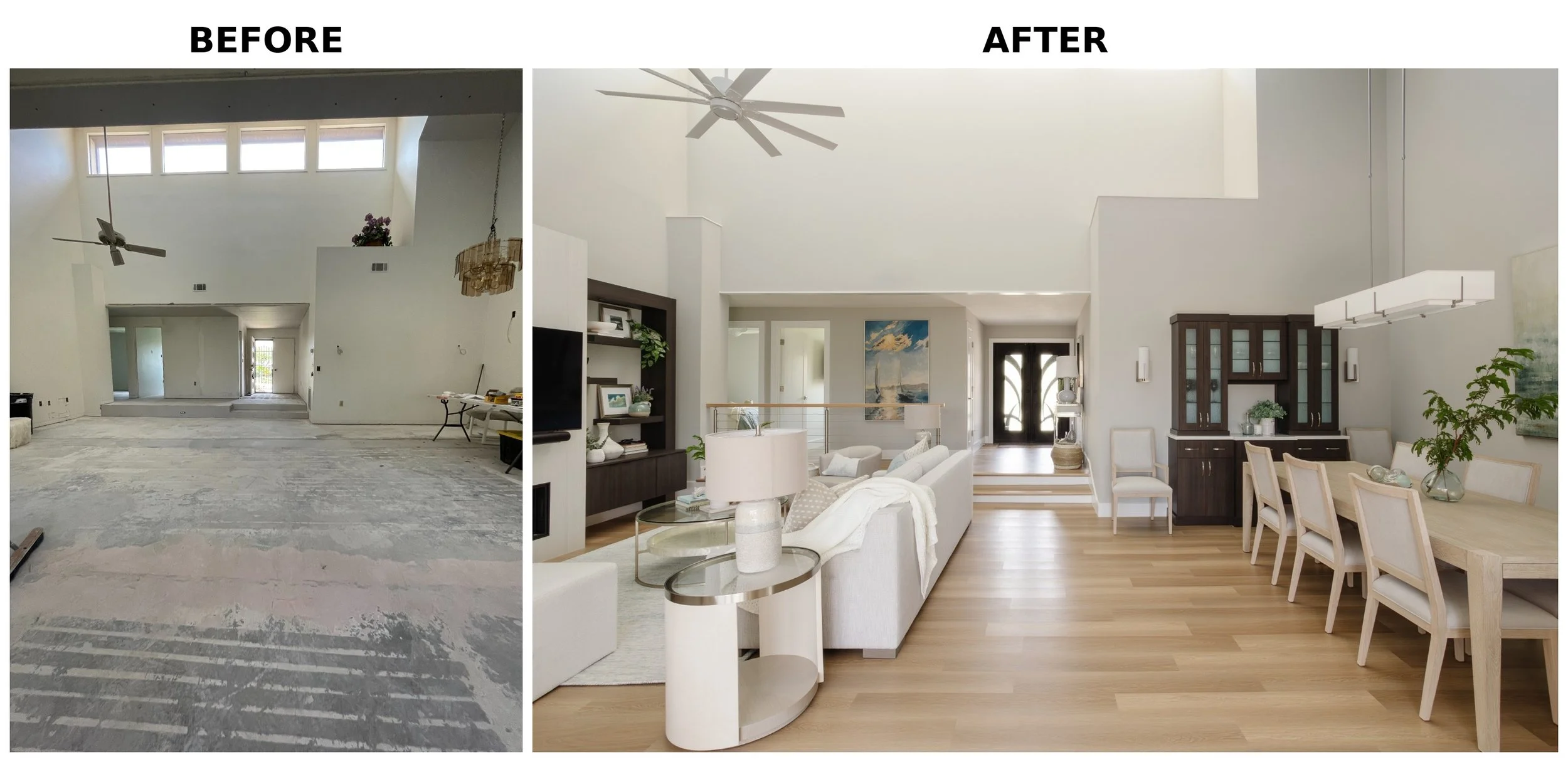Side-by-side comparison of room renovation: left showing an unfinished, under-construction space with white walls and exposed flooring, right showing a finished, furnished living and dining area with white walls, wooden floors, and modern furniture.