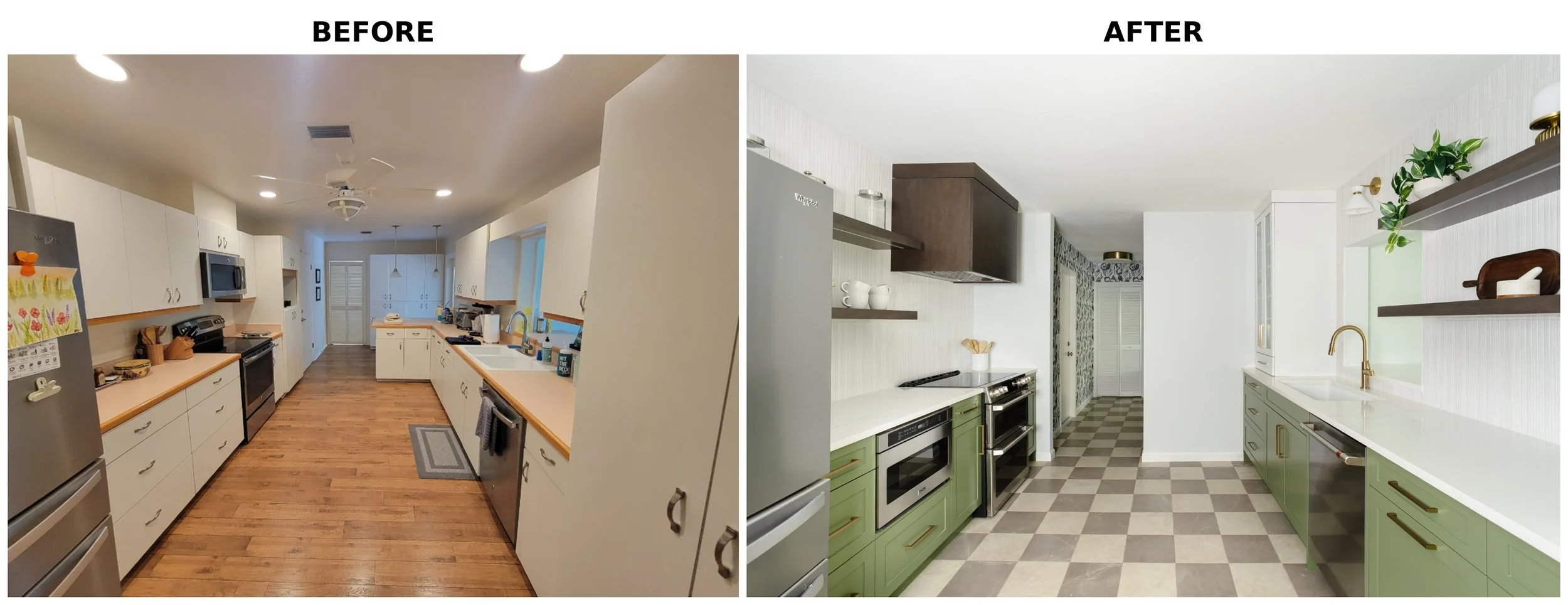 Comparison of a kitchen before and after renovation: the before side shows a traditional style kitchen with white cabinets, wood countertops, and hardwood flooring, while the after side features a modern, minimalist kitchen with white and green cabin