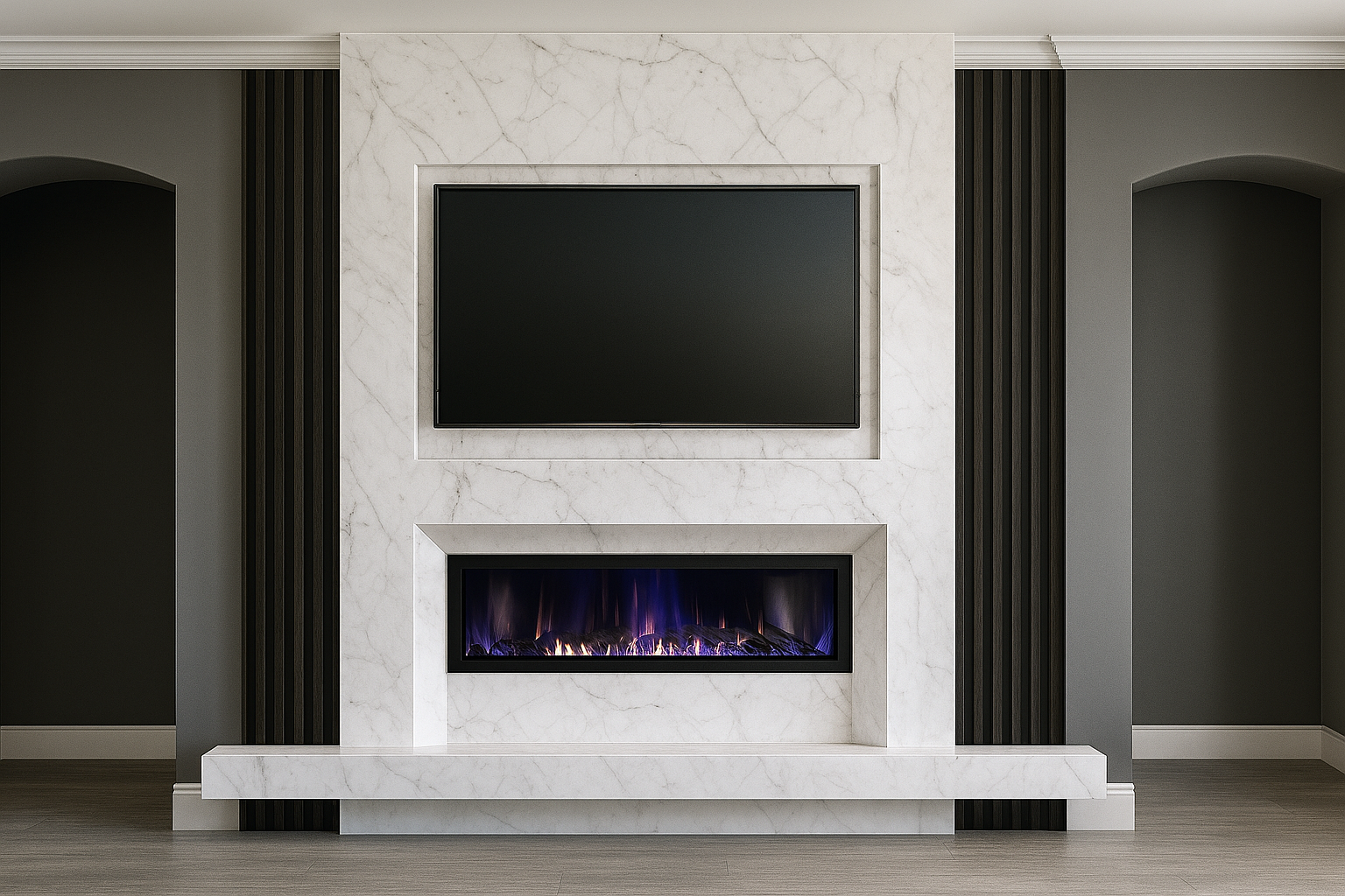Living room fireplace with a mounted TV above, framed by white marble with veining, and black vertical panel accents on either side.