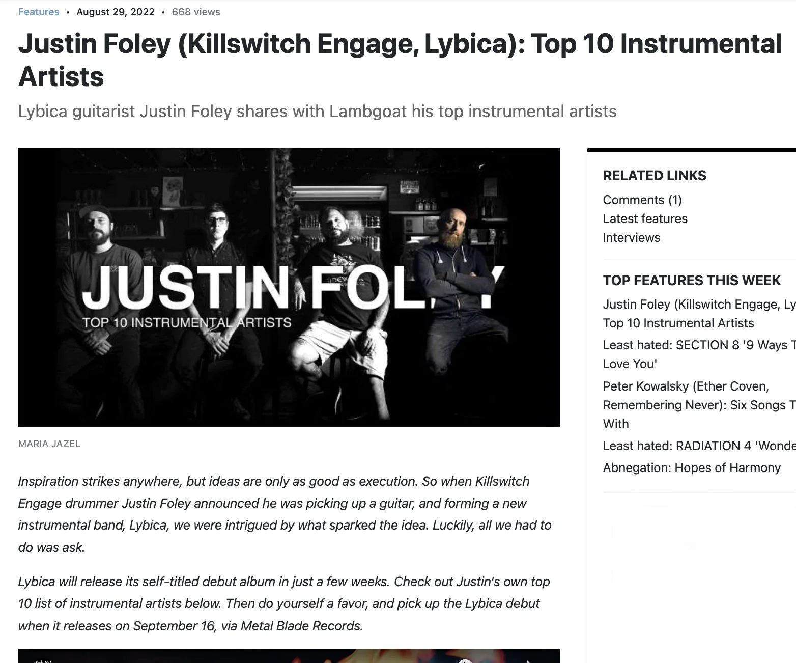 Screenshot of Lambgoat article titled "Justin Foley (Killswitch Engage, Lybica): Top 10 Instrumental Artists