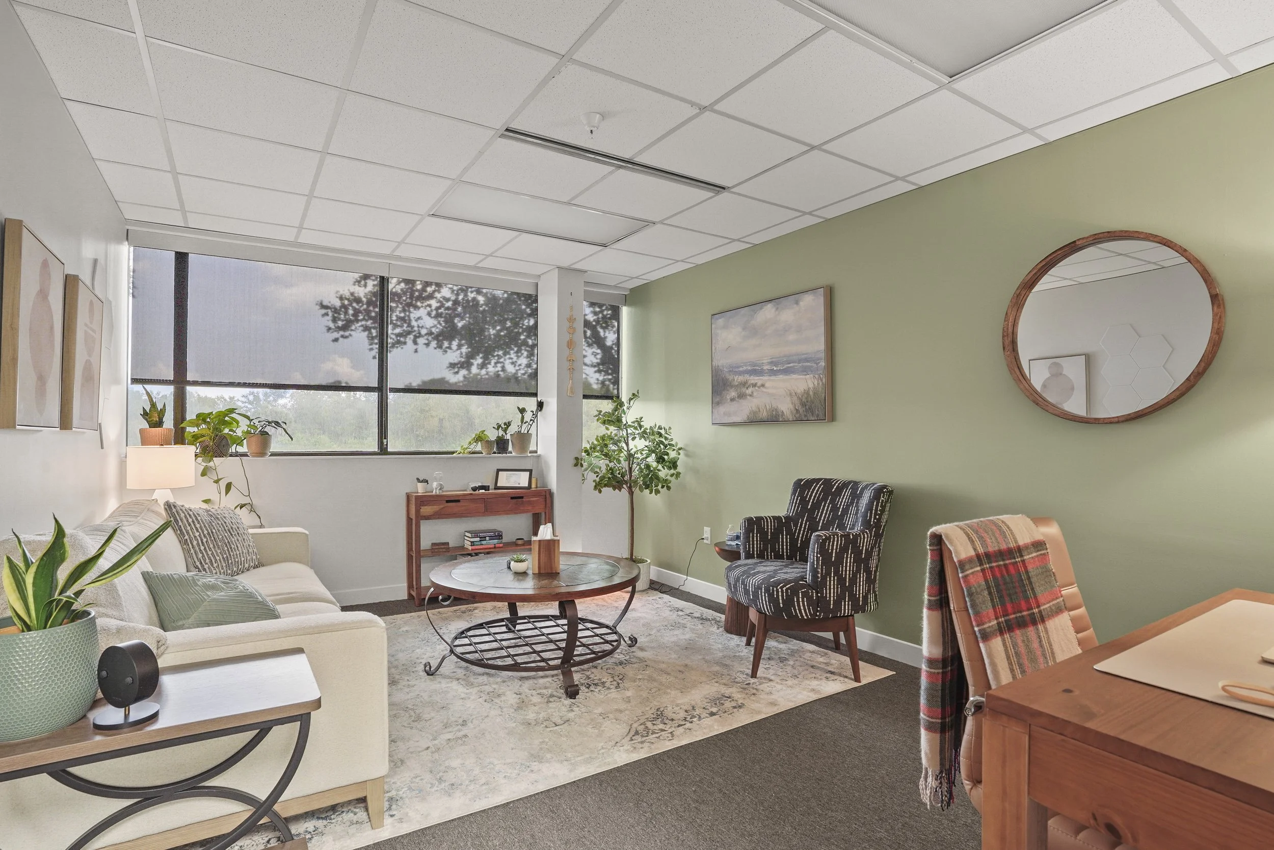 Cozy therapy room with soft lighting where clients attend couples counseling and marriage therapy in Clearwater, Florida