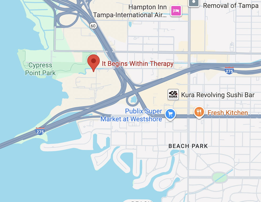 Map showing the Tampa location of It Begins Within Therapy, providing teen therapy and counseling services to families throughout Tampa and surrounding areas