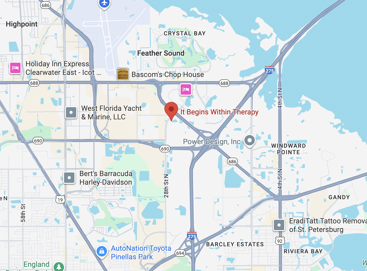 Map of It Begins Within Healing Center St. Petersburg office at 12425 28th St #100, St. Petersburg, FL 33716, near Gandy Blvd and I-275