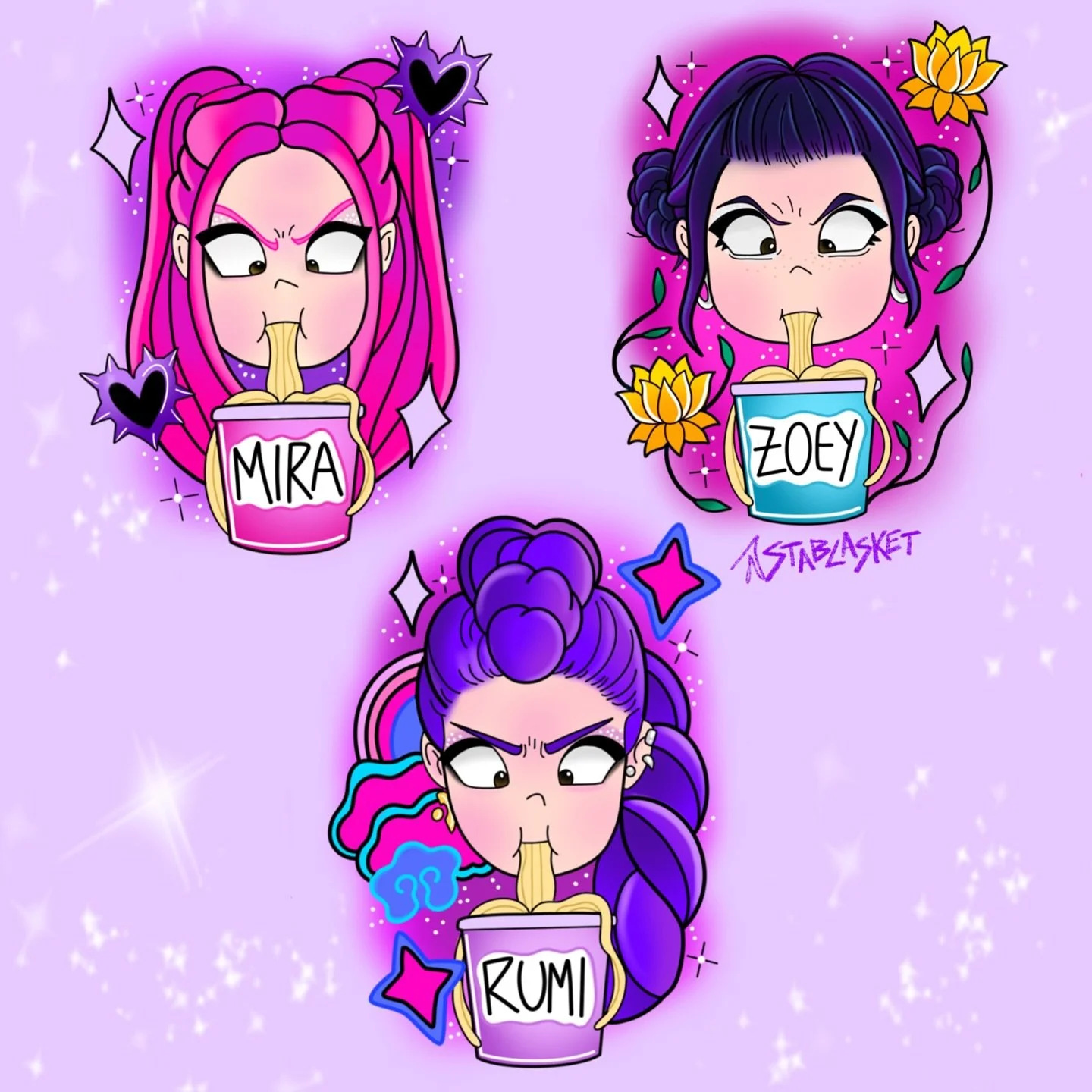 ‧₊˚ &sdot; 🥢 I didn&rsquo;t even get to finish my RAMYEON 🍜‧₊˚ &sdot;

🖤 just finished these girlies and they are available to be tattooed ^-^

#chicagotattooartist #animetattooartist #kpopdemonhuntersfanart #cutetattoos #kawaiitattoo