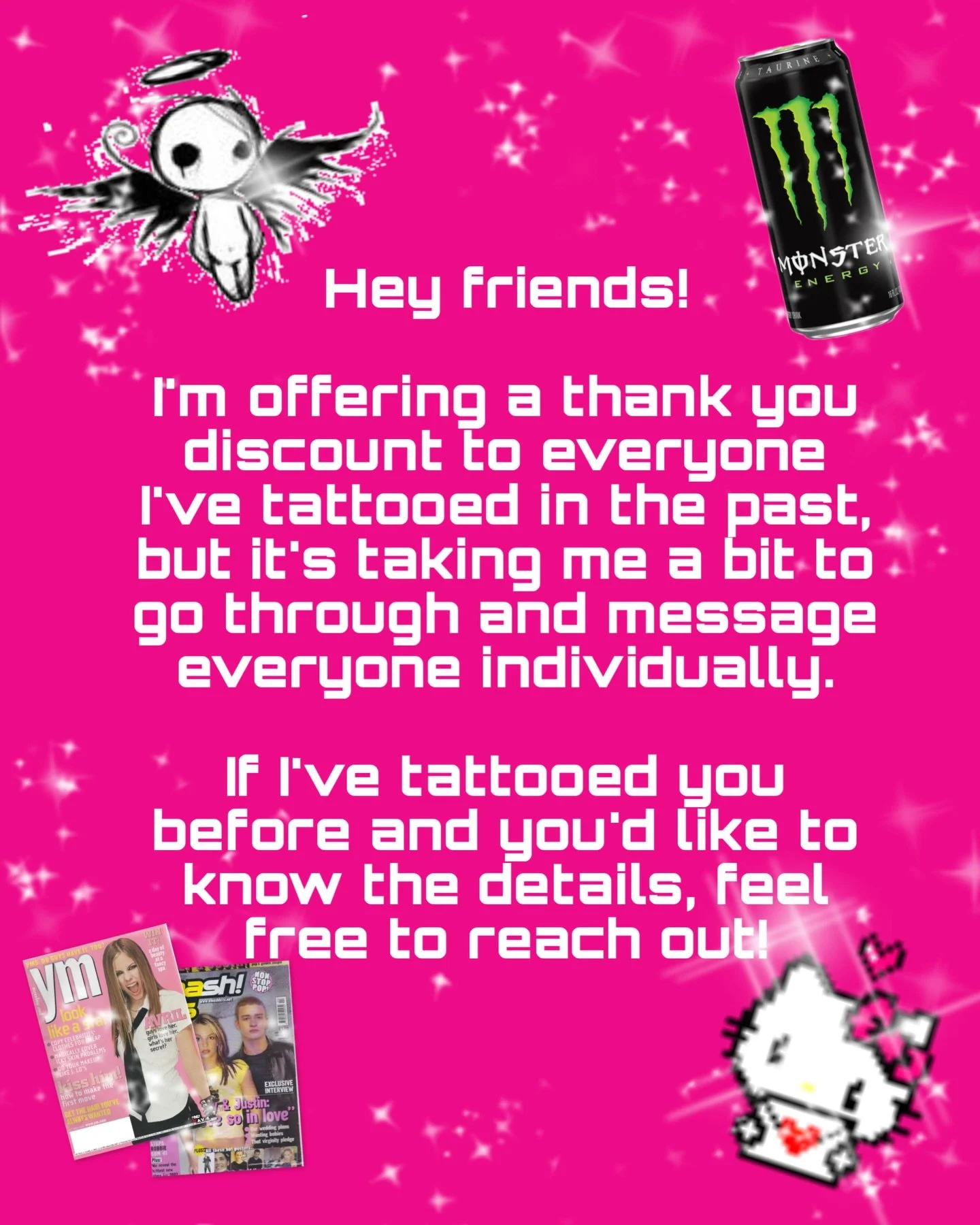 ݁⋆⭒˚.⋆ CLIENT APPRECIATION DISCOUNT ݁⋆⭒˚.⋆

✨ To show my appreciation, I&rsquo;m offering a special thank you discount for all my past tattoo clients. It&rsquo;s taking a bit to message everyone individually, so if I&rsquo;ve tattooed you before and 