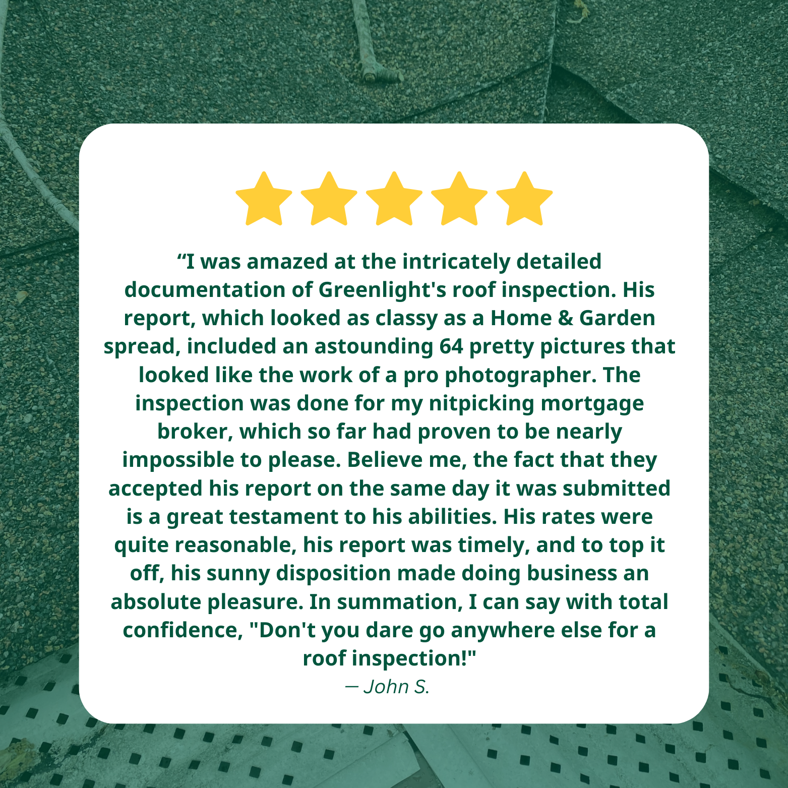 Five-star review praising a roof inspection service with emphasis on professional report quality and customer satisfaction.