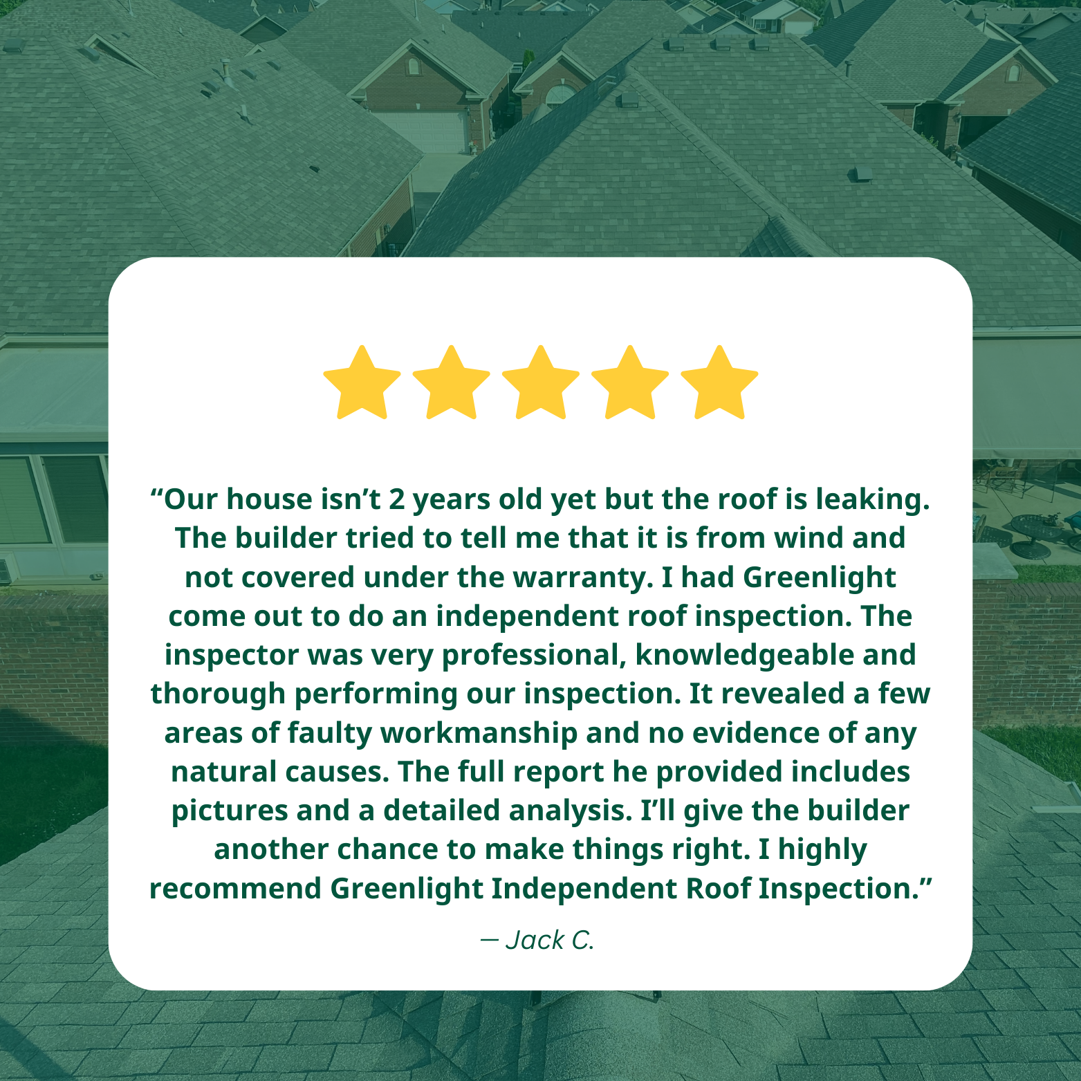 Review of roof inspection service with five-star rating overlaid on an image of rooftops.