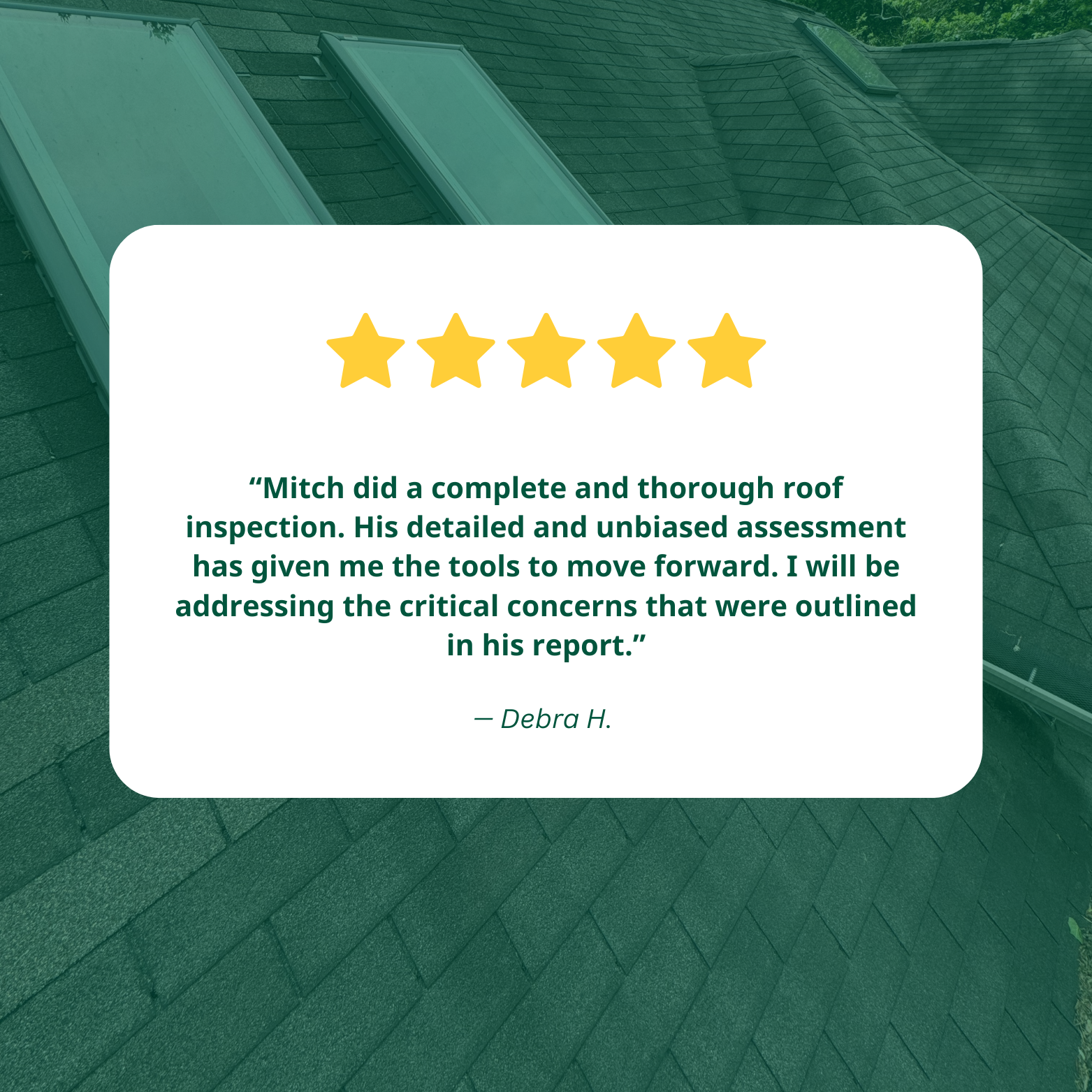 Graphic with a five-star rating and a customer testimonial about a roof inspection by "Mitch," with a background of a rooftop.