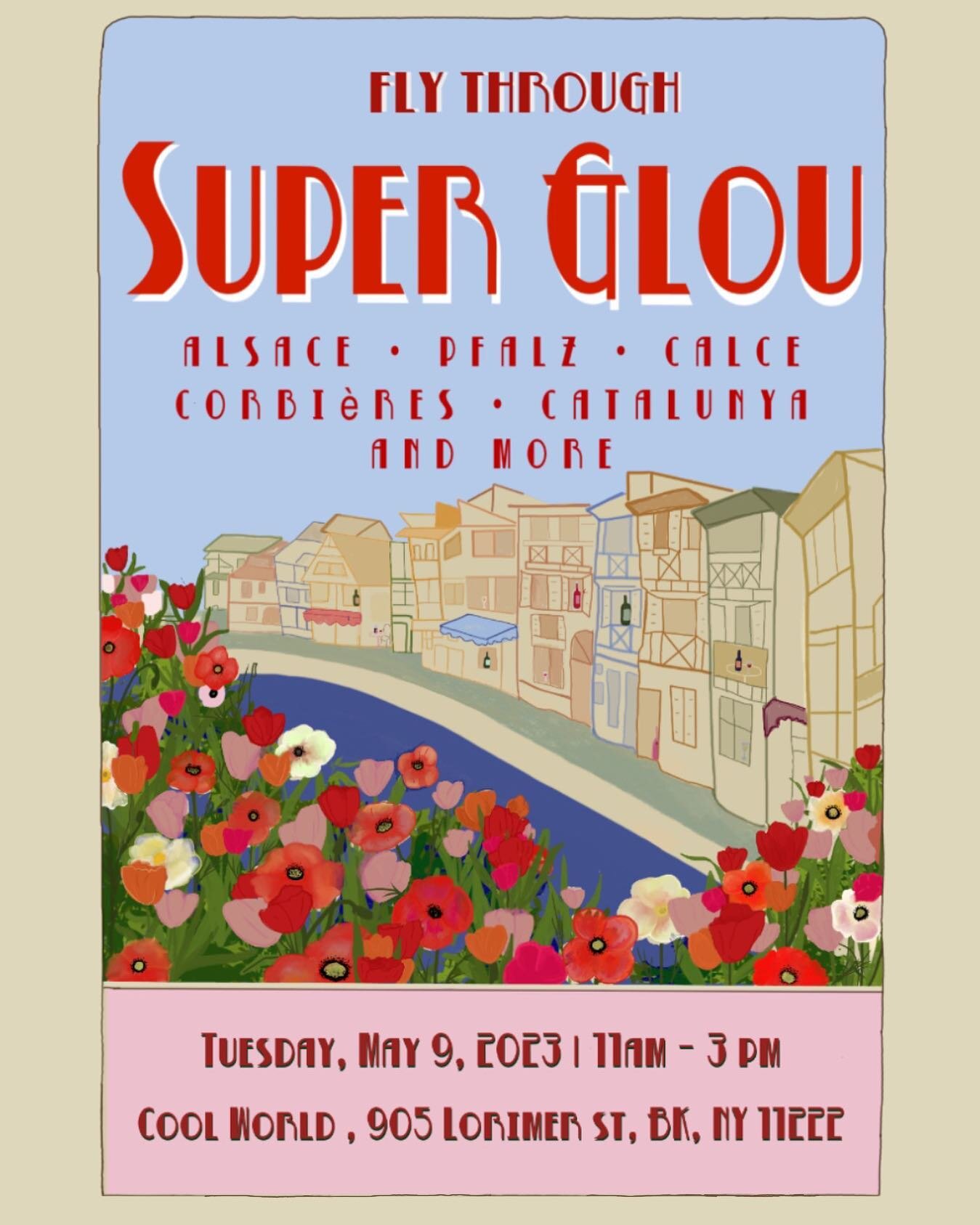 I made this flyer for @super_glou &lsquo;s upcoming trade tasting at @cool.worldnyc 🍷🌷🥂 inspired by vintage travel post cards 

#wine #travel #postcard #vintage #art #graphicdesign #french #glouglou hmmm what else #illustration #tulips #flyer #hir