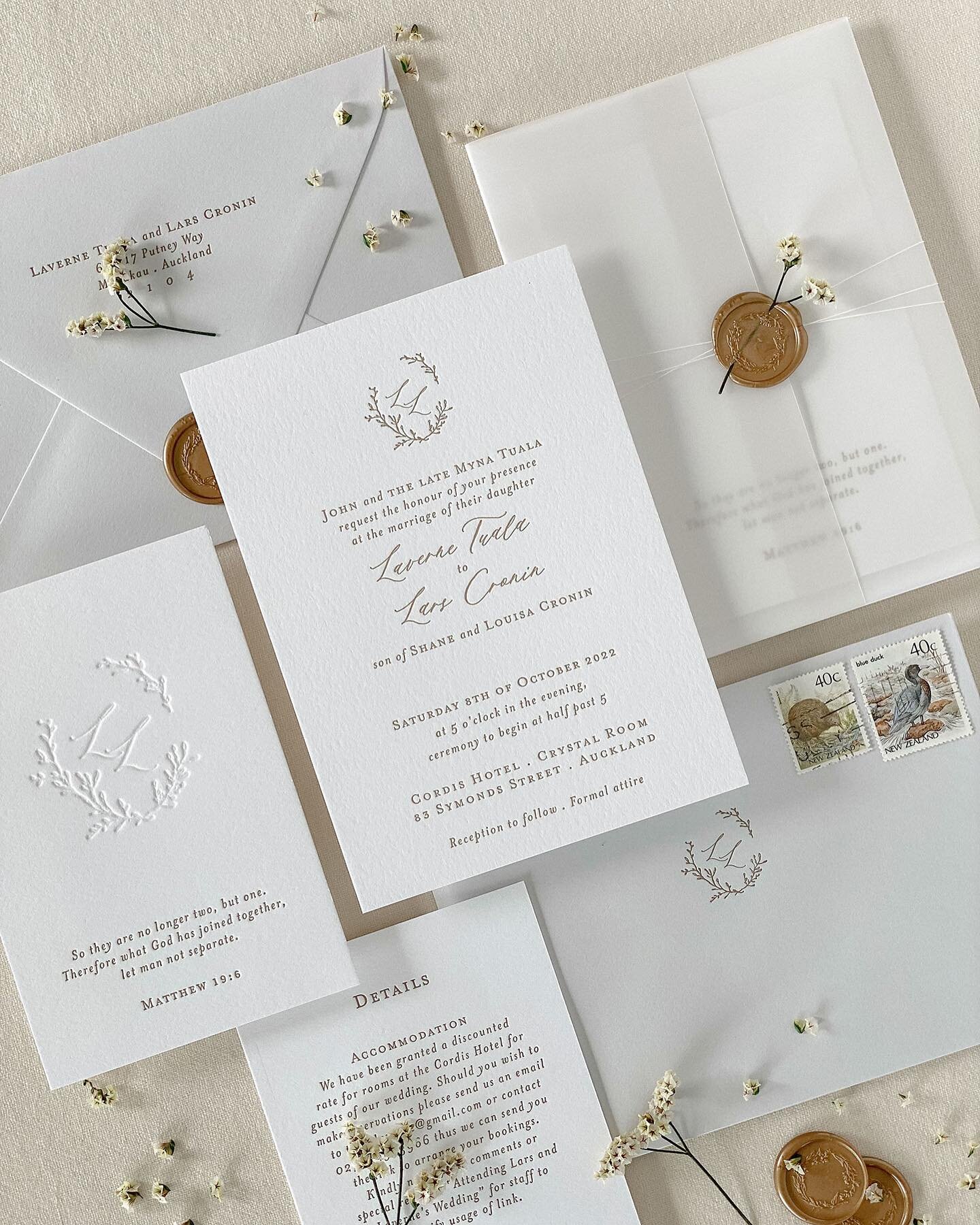 The Monogram Suite for Laverne and Lars, gold ink and blind deboss details on double thick cotton stock with cool grey envelopes. Customised with a vellum wrap and secured with fine paper twine, gold wax seal and preserved floral sprigs ✨
~
#Inkertin