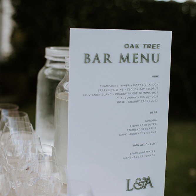 Pretty and simple acrylic bar menus in crisp white and olive ✨
~
#inkertinker #weddingplanner #weddinginspo #weddingday #barmenu #customweddingsigns #wellingtonweddings #weddingstationery
