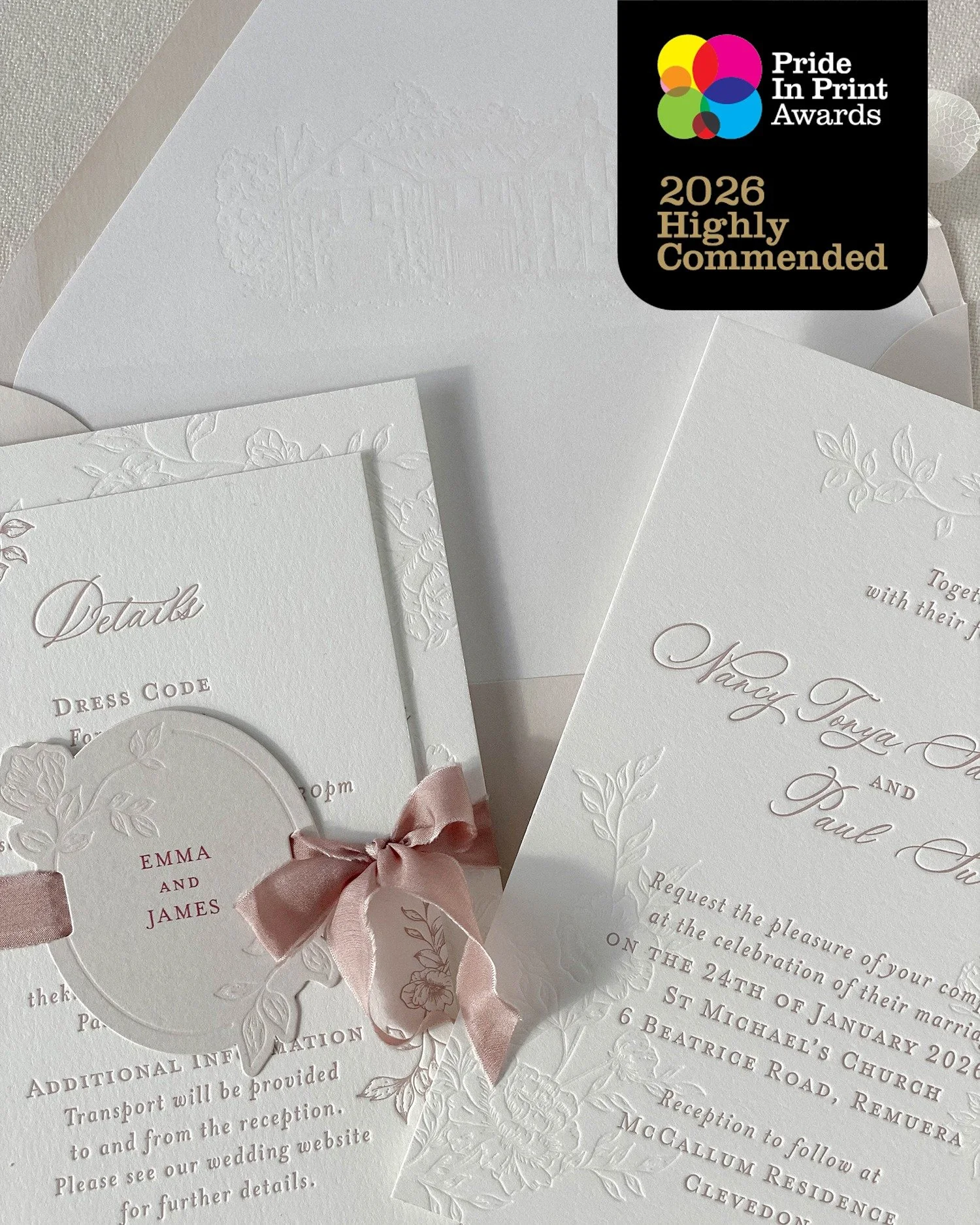 Another beautiful letterpress wedding suite recognised at the 2026 Pride in Print Awards with a Highly Commended! Custom details included; diecut tag personalised with guest names, silk ribbon and letterpress venue sketch envelope liner 🤍
~
Inker Ti