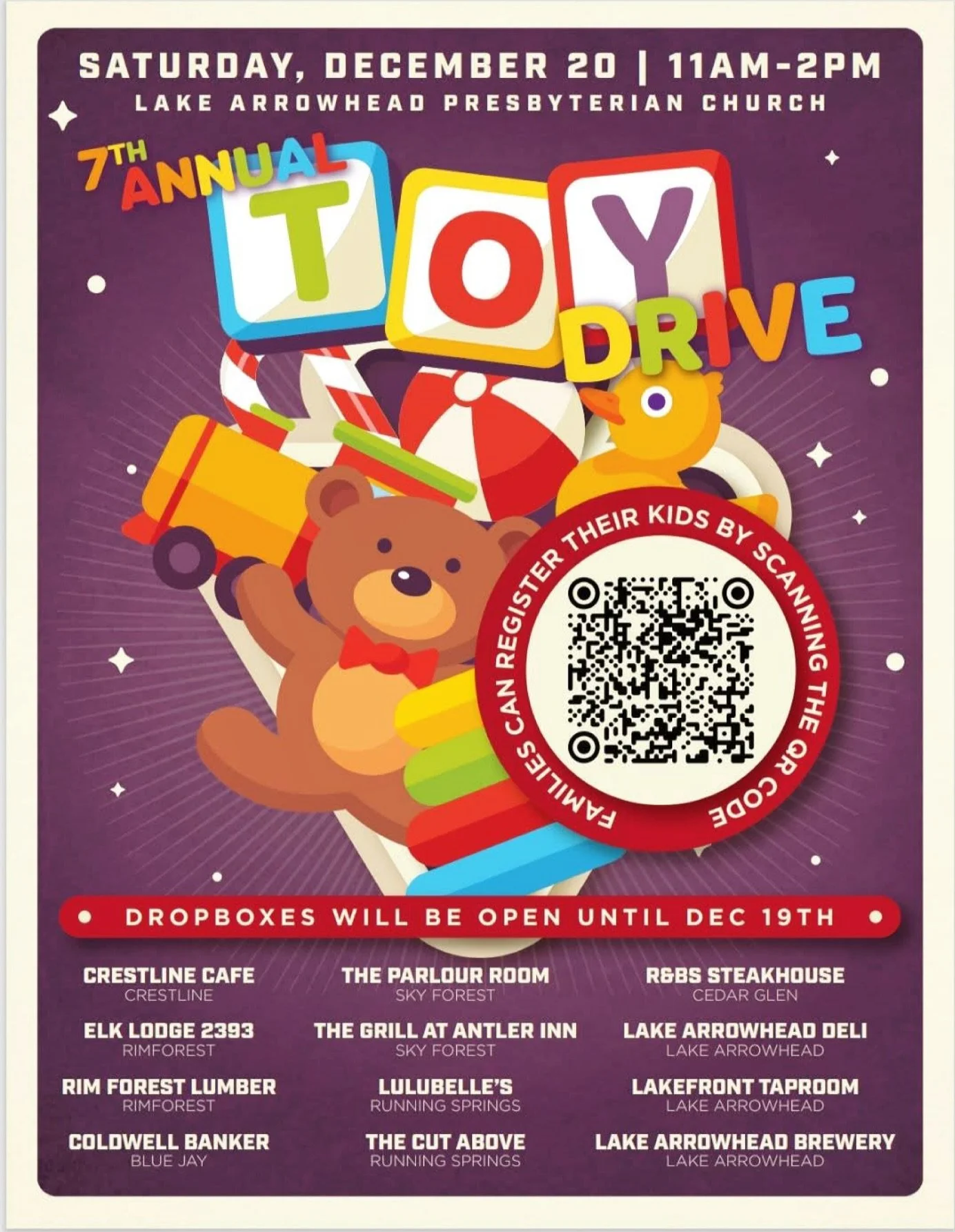 🎄We only have a week to go to help support, The 7th Annual Mountain Toy Drive!

🎁 Drop boxes will be out until next Friday, December 19th. Please help provide an amazing Christmas to the kids that have signed up on the mountain!

🧸 Bring your new,