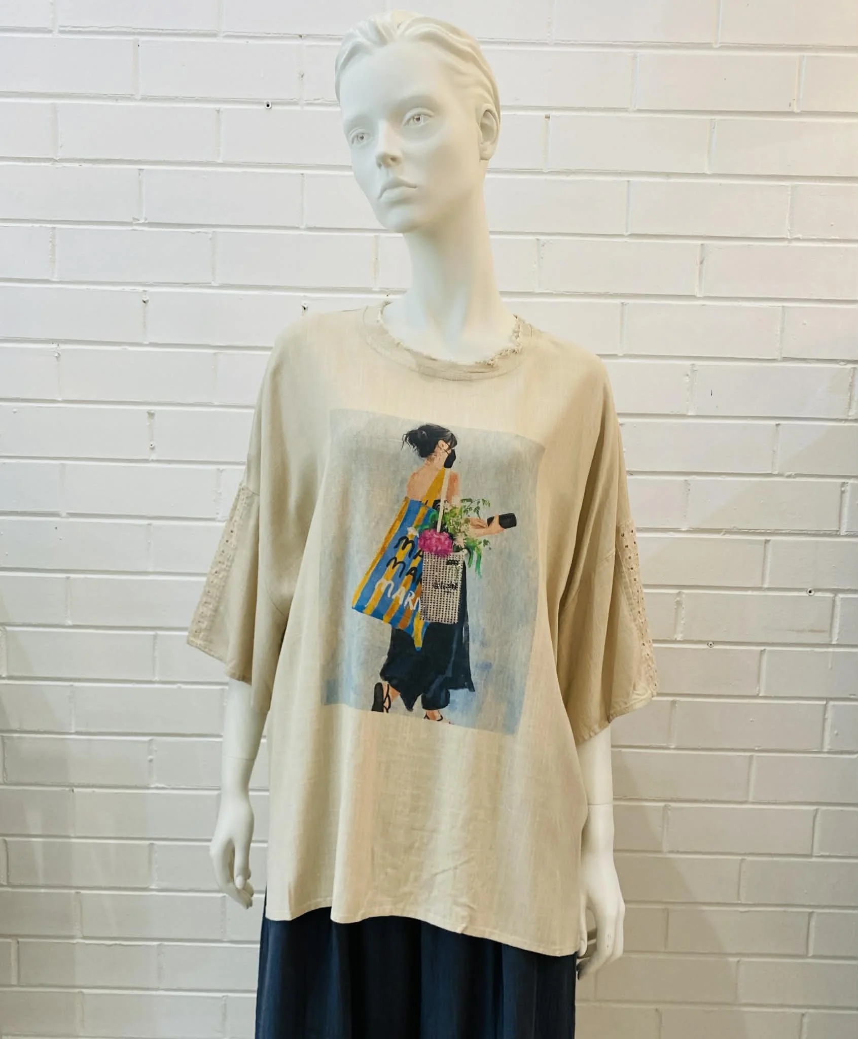 patchwork front print  linen cotton tunic - beige