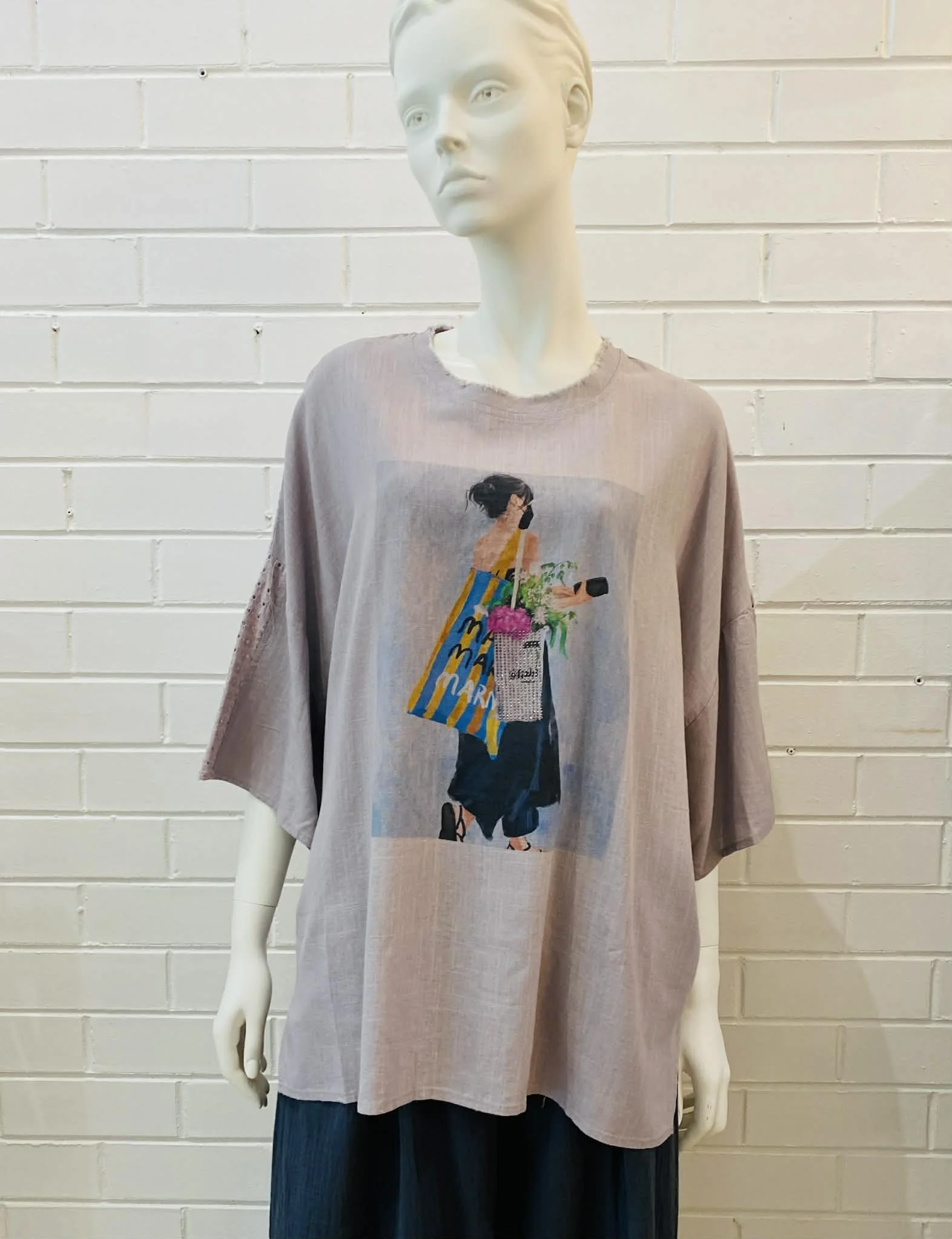 patchwork front print  linen cotton tunic - grey