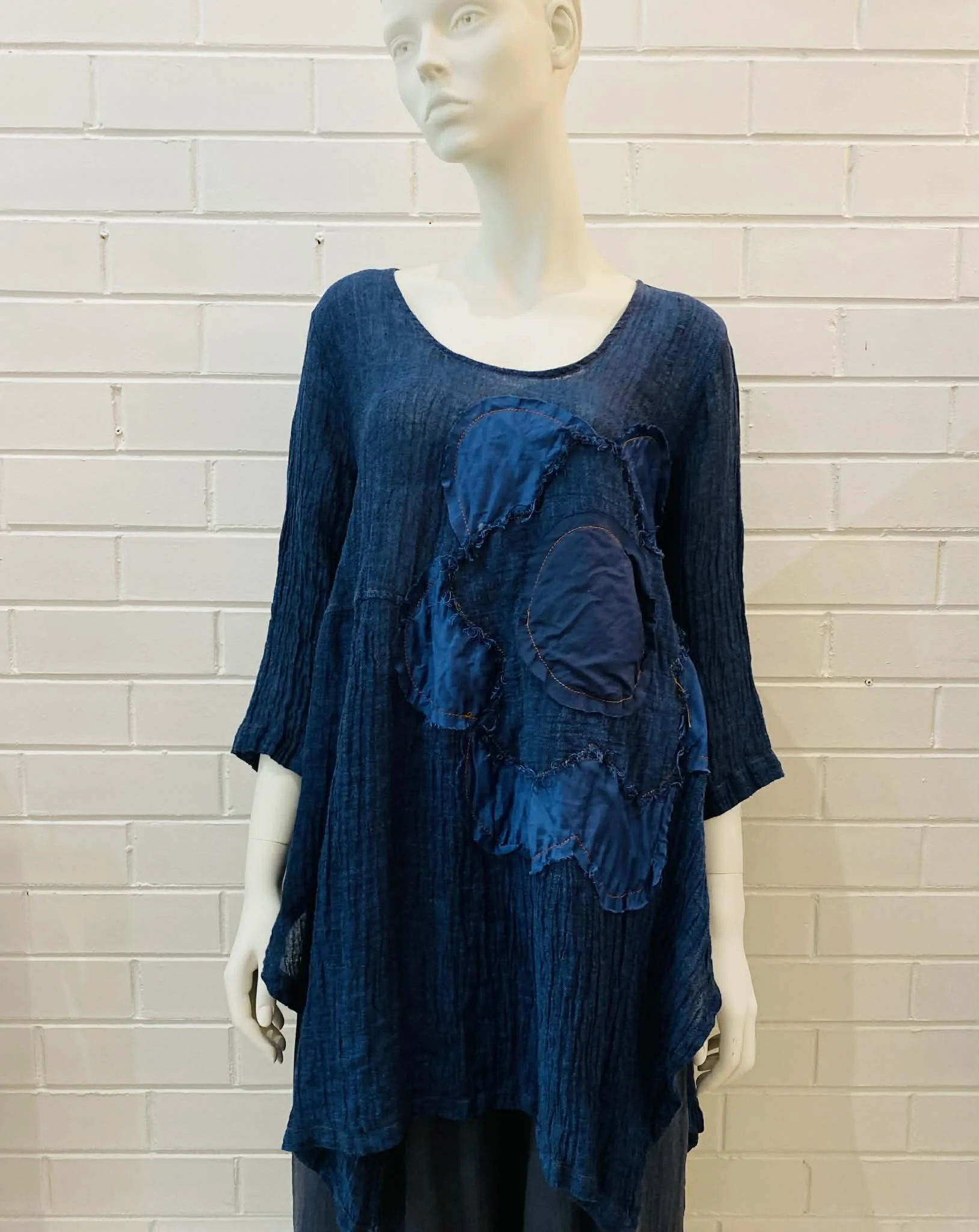 patchwork flower  linen tunic - navy