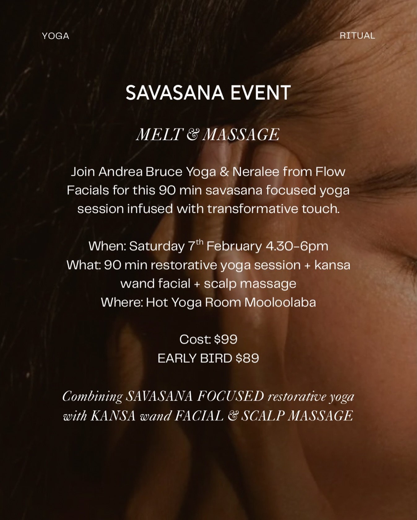 SAVASANA EVENT

Our first event for 2026 at the wonderful @thehotyogaroom_mooloolaba.

Join @flowfacials &amp; @andreabruce_yoga for this 90 min savasana focused yoga session infused with transformative touch.

When: Saturday 7th February 
Time: 4.30