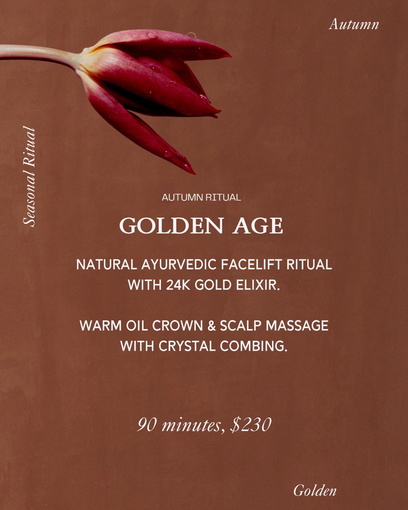 Golden Age. An Autumn Ritual.

A gently warming &amp; rejuvenating ritual that will bring a beautiful glow to your skin this Autumn season.

Natural Ayurvedic Facelift Ritual with 24K gold elixir.

Warm oil crown &amp; scalp massage with crystal comb