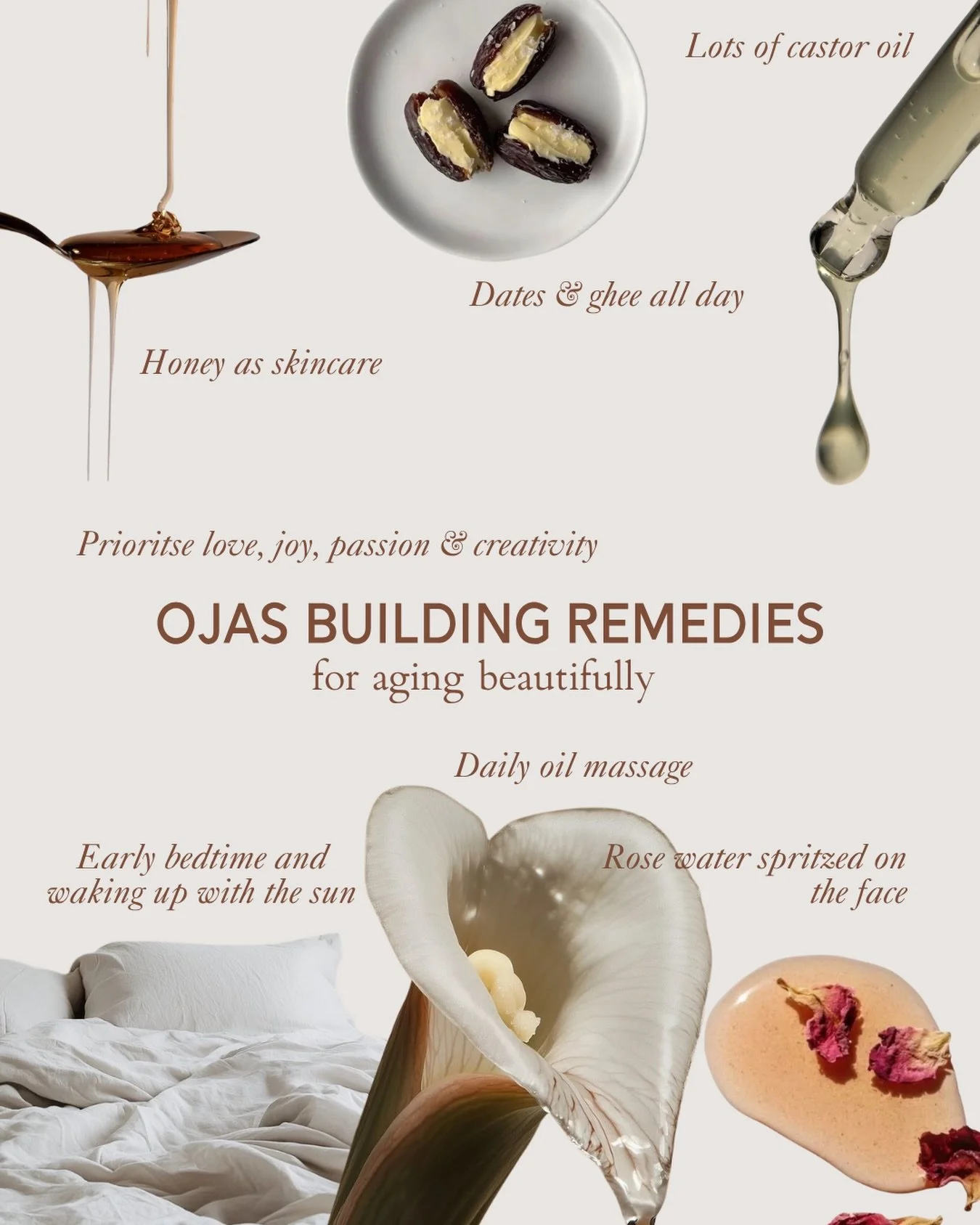 Ojas building for aging beautifully. Treatments and interventions for aging well are great but if you are a woman over 40 (any age really), then cultivating a strong OJAS is really important. 

OJAS is the subtle Ayurvedic essence that brings radianc