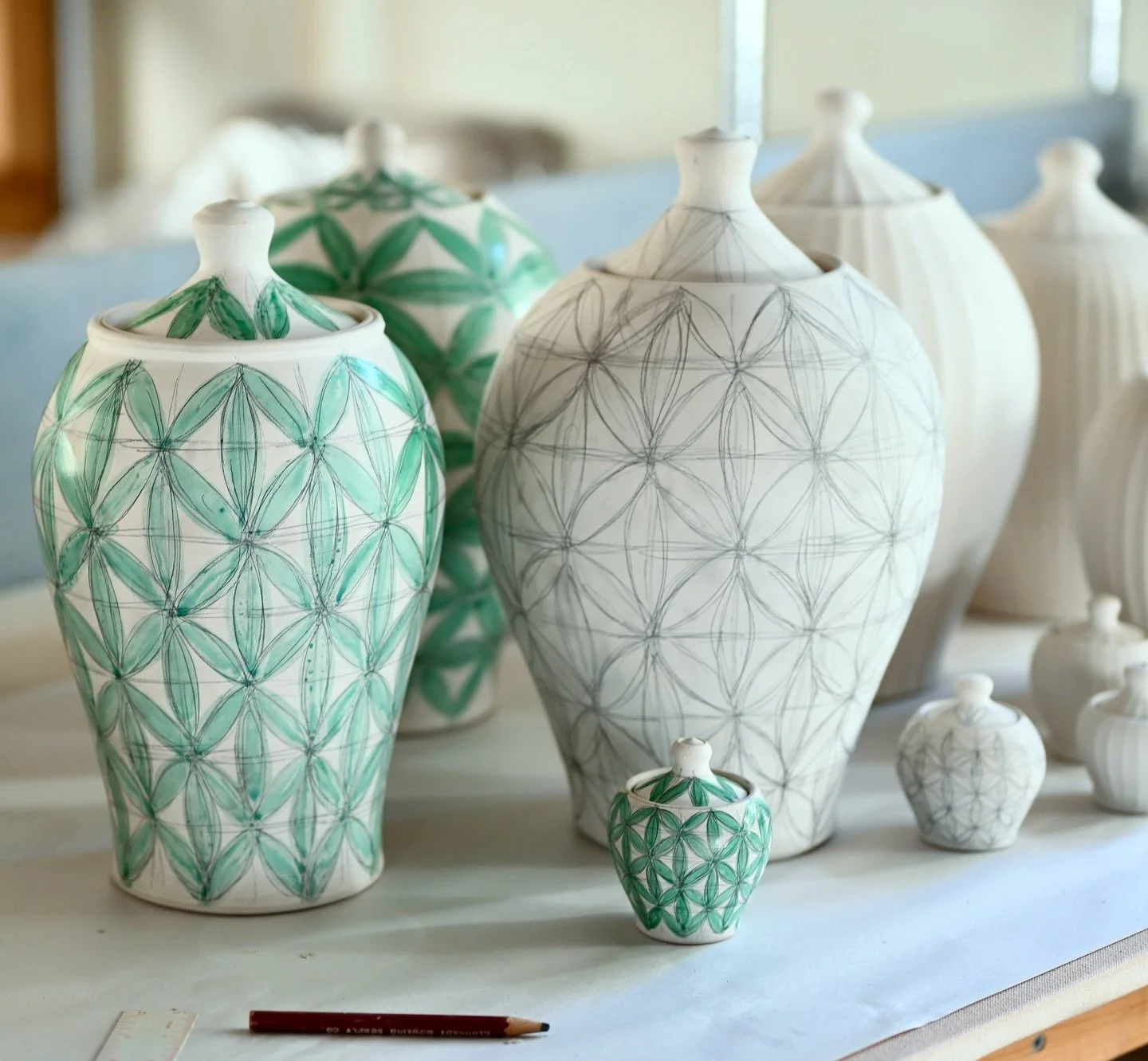 On the work table. The past couple of months I&rsquo;ve been making urns. I&rsquo;ll be glazing these soon, but for now I need to get back to making functional work for the kitchen. 

It&rsquo;s always a balancing act making two totally different bod