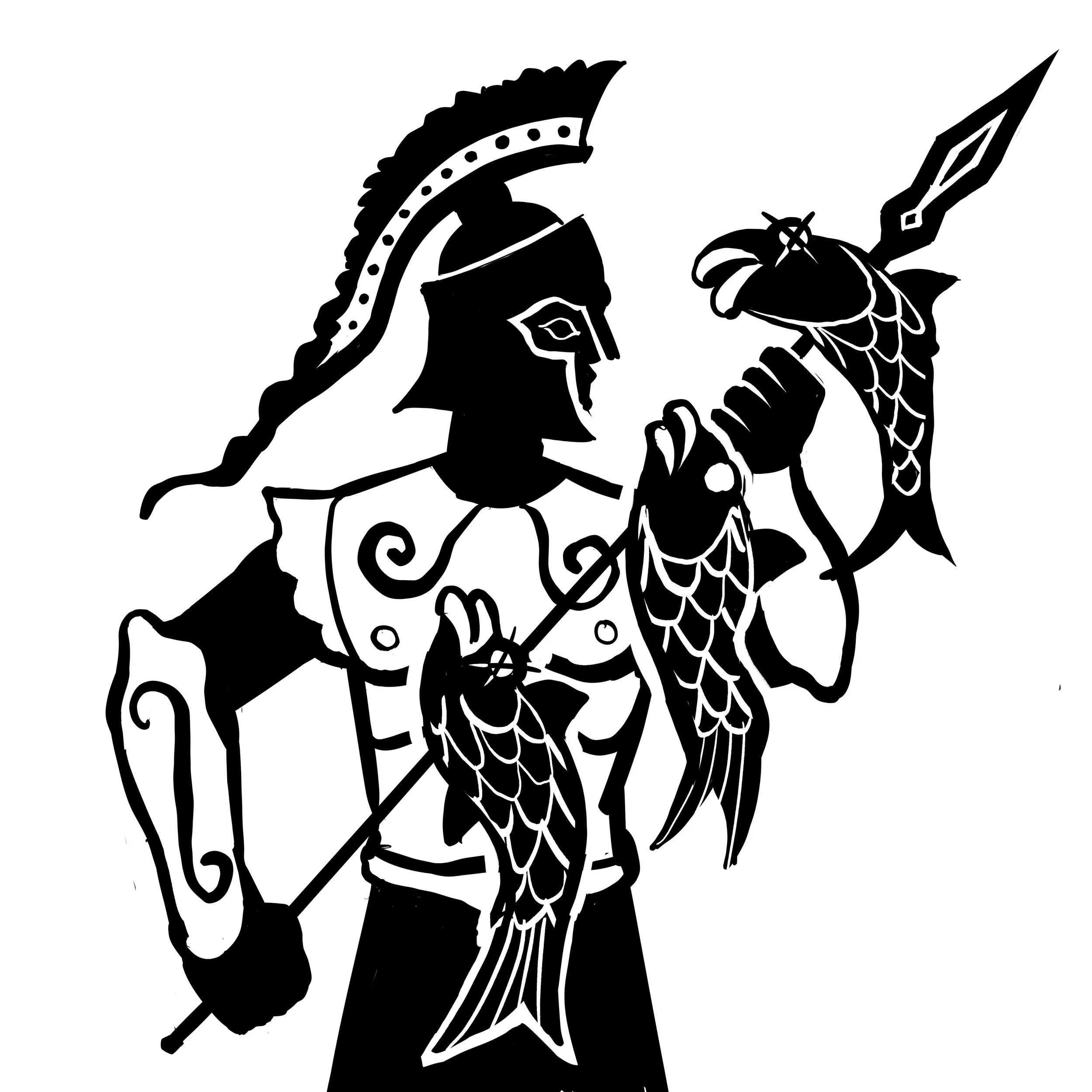 Silhouette of an ancient Greek warrior holding a spear with fish impaled on it.