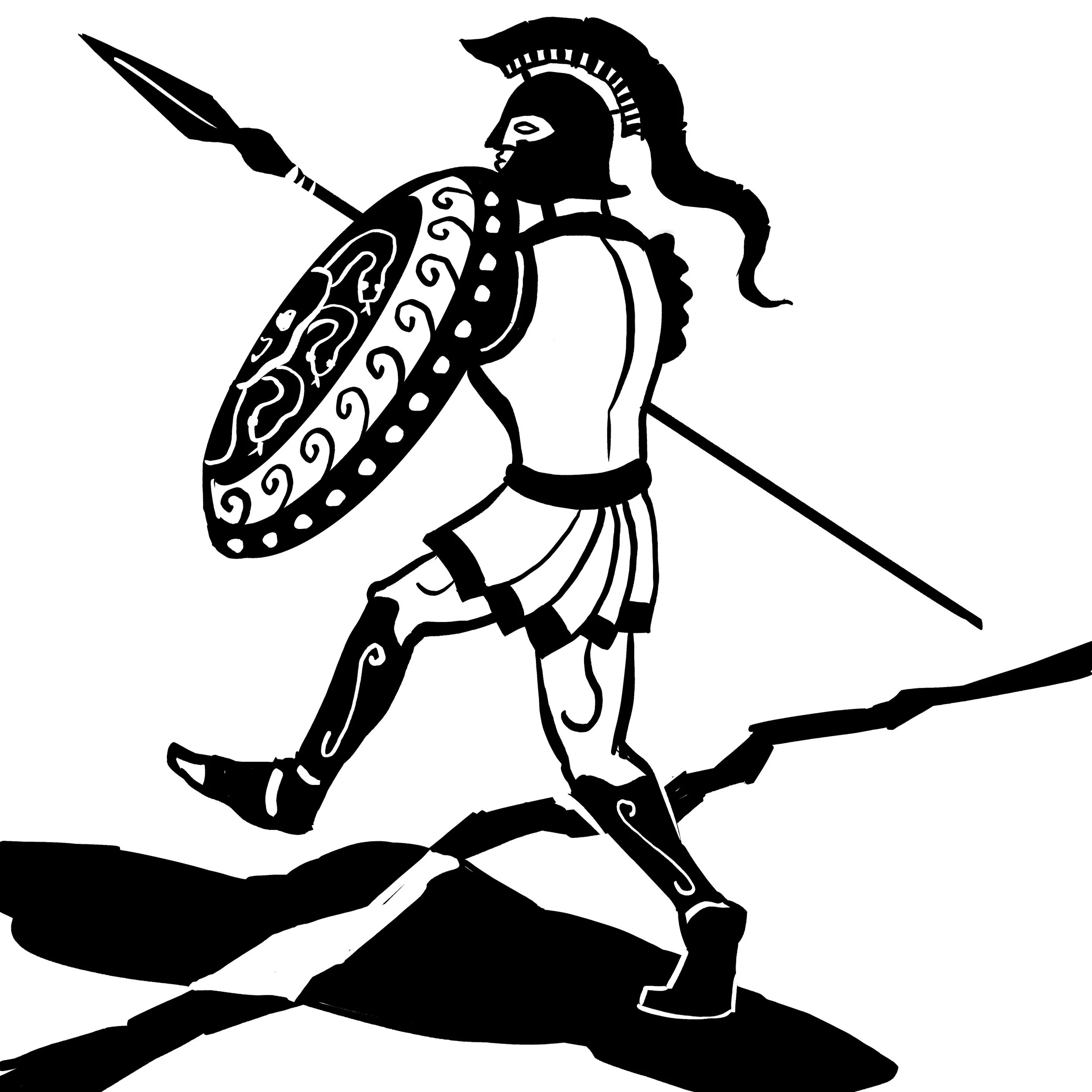 Silhouette of an ancient Greek soldier or warrior balancing on a tightrope, holding a shield and a spear, wearing a helmet with a crest.