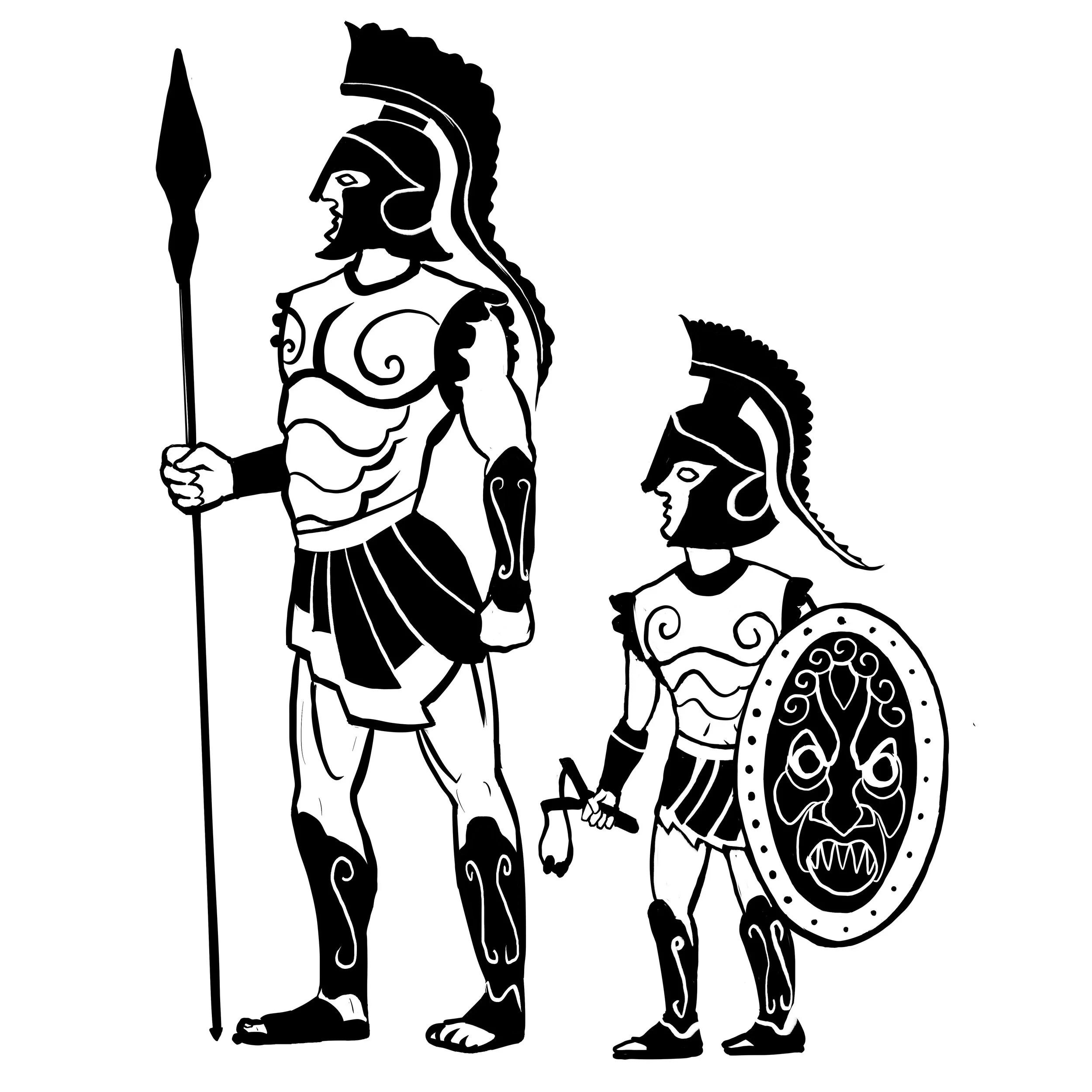 Black and white illustration of two ancient warriors wearing helmets. The larger warrior holds a spear, and the smaller holds a shield with a face design.