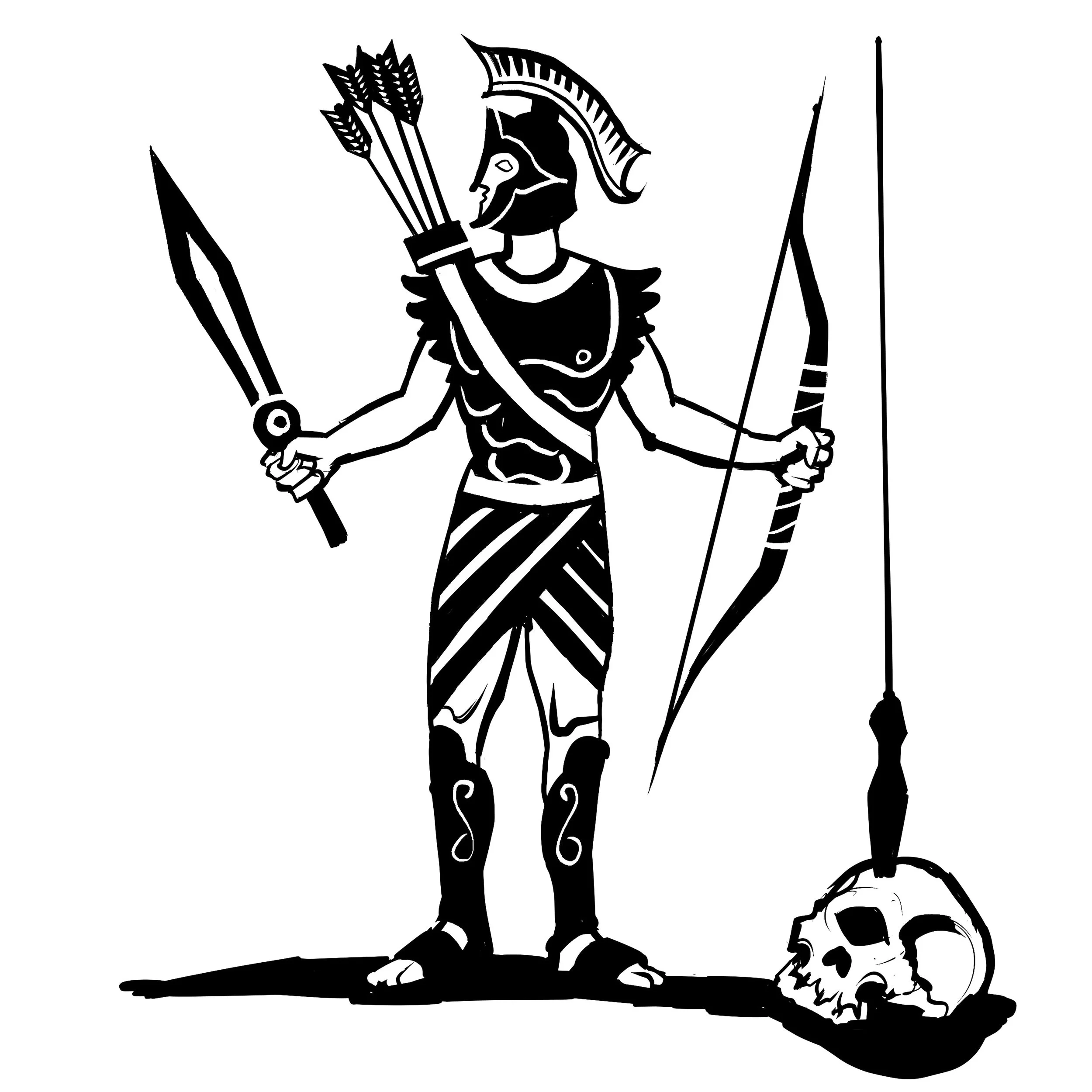 Black silhouette of an ancient Greek soldier holding a sword and a bow with a quiver of arrows on his back.