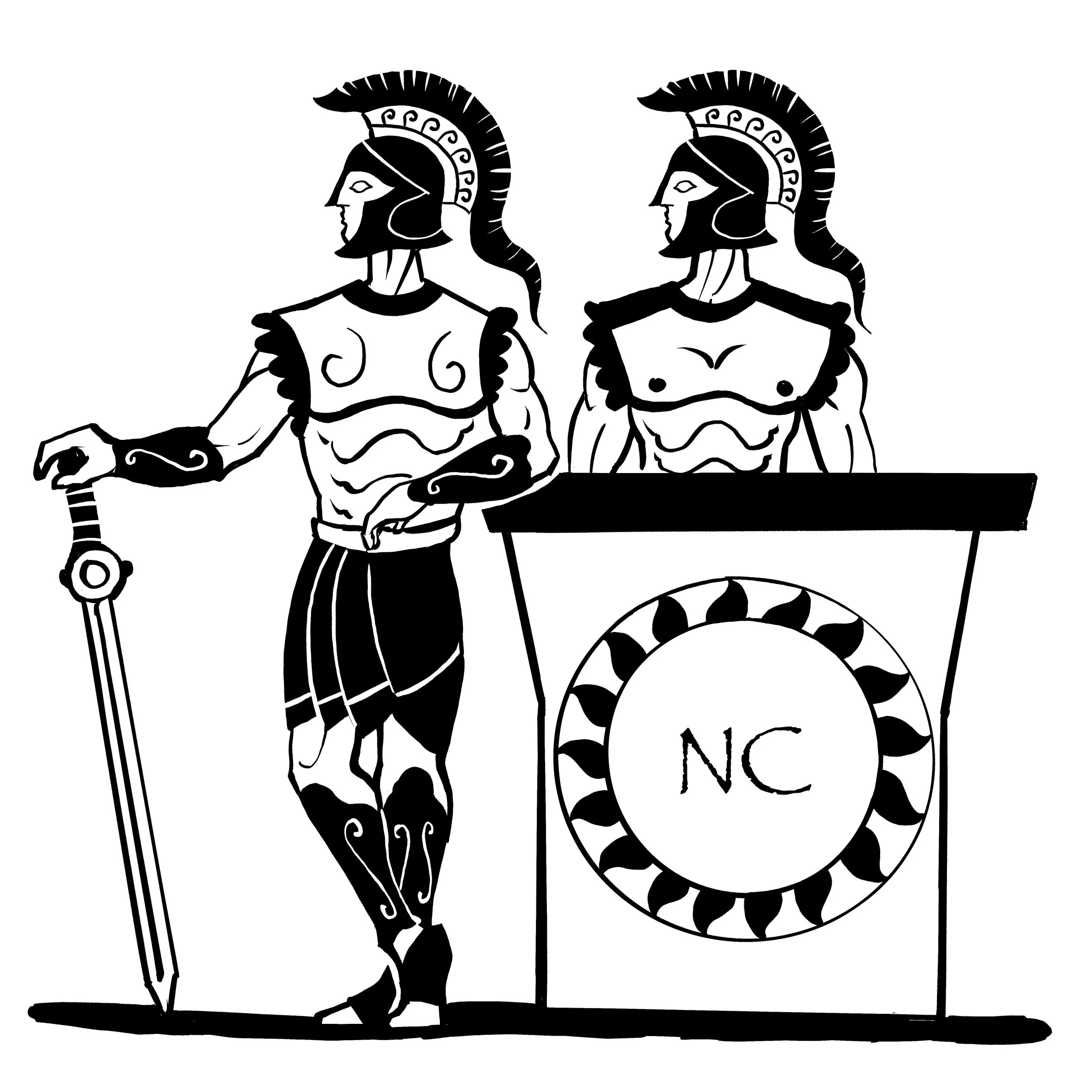 Silhouette of two ancient Greek warriors, one standing with a spear, the other sitting behind a table.