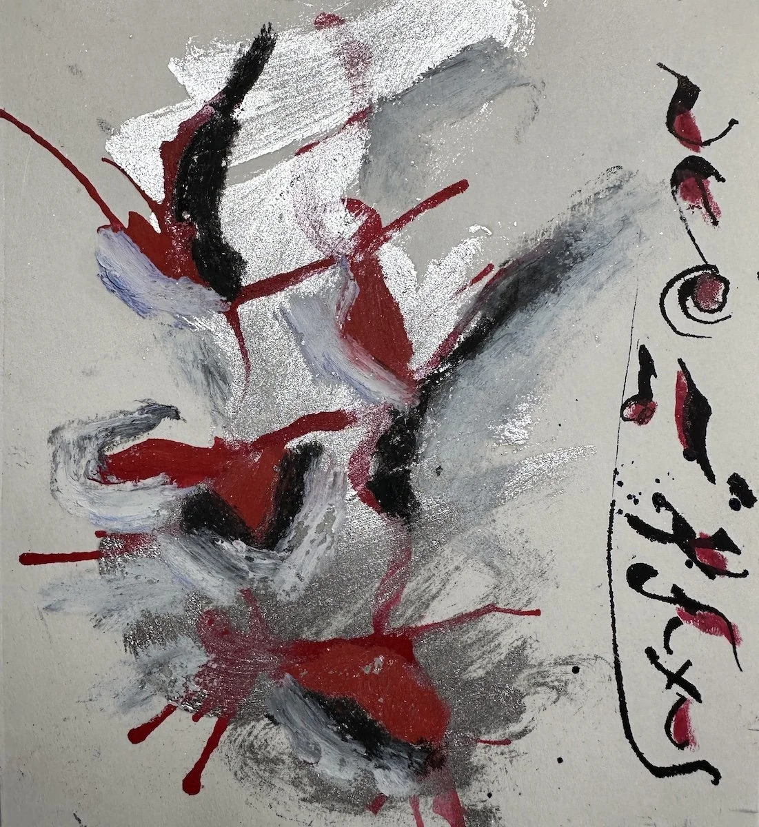 Talgraph: splashes of red, white, black, grey. Right side: glyphes.