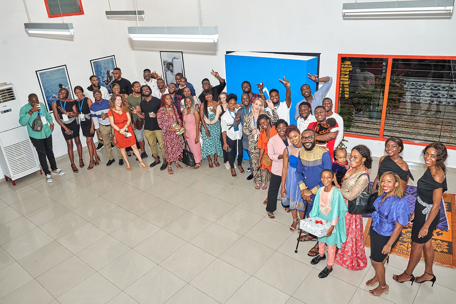 A group of people in a wide room