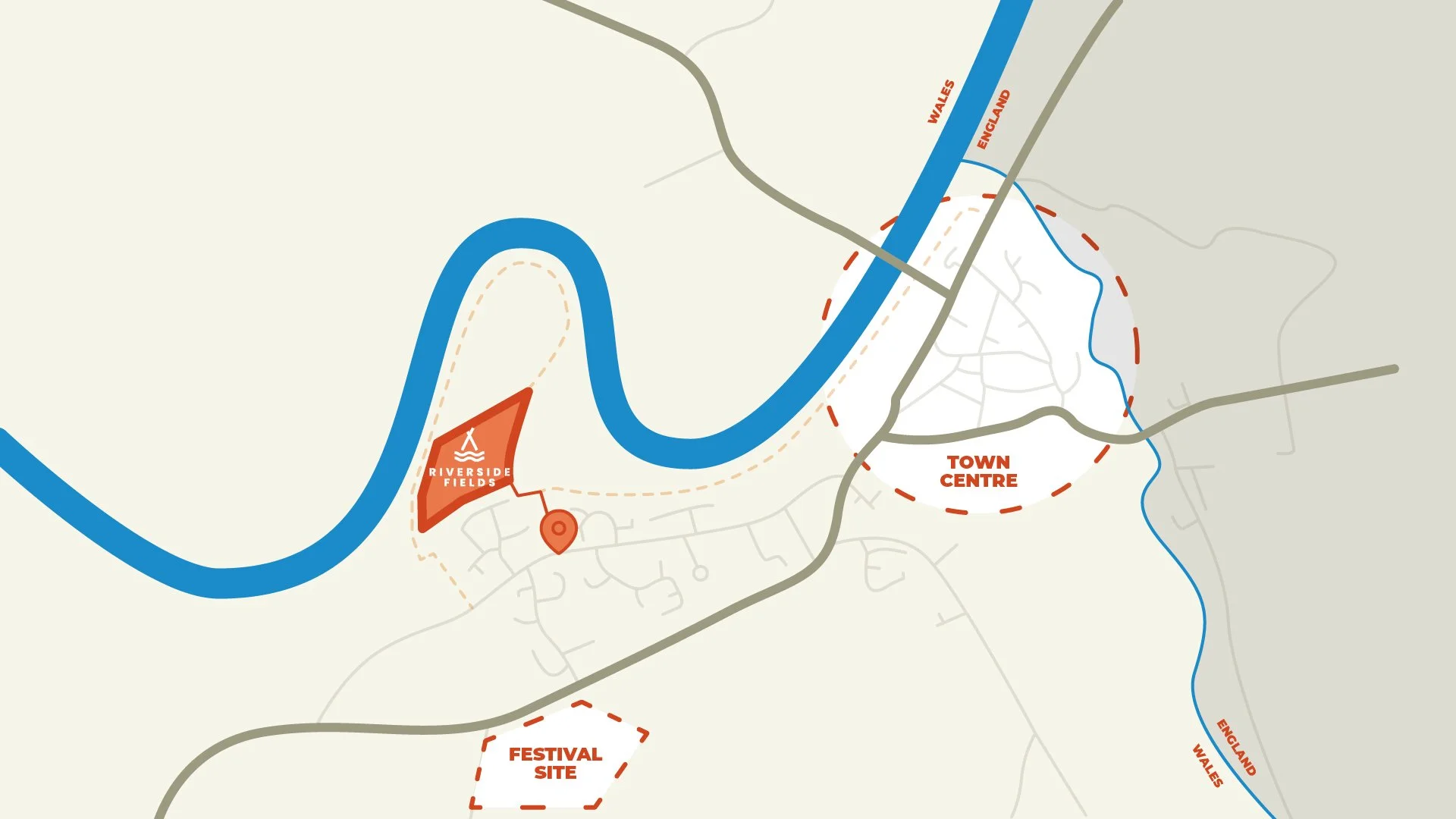 Map of Hay-on-Wye with the Town Centre, Hay Festival and Riverside Fields highlighted