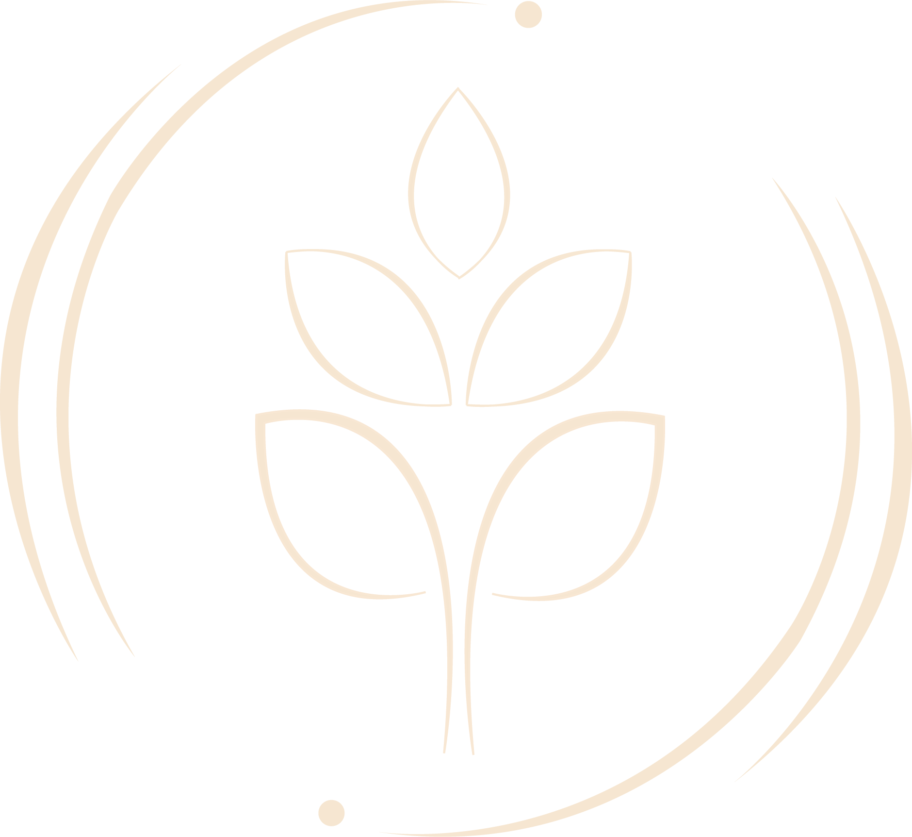 Minimalist line drawing of a plant with three pairs of leaves inside circular lines on a black background.