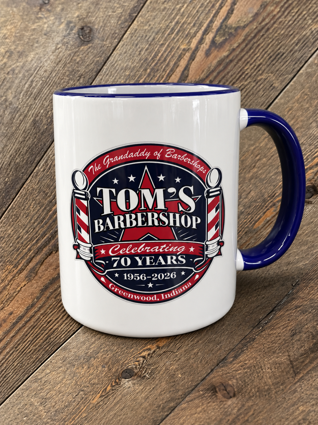 Toms Barbershop 70yr Anniversary Logo Mug