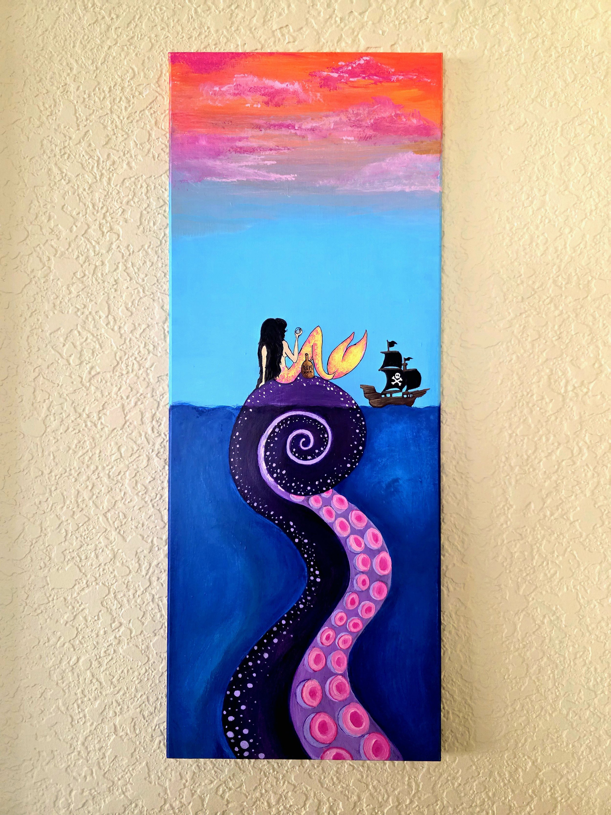 Why is the Rum Always Gone was hand painted in acrylic on a 7.25 x 19" wooden craft board. Completed in 2026.