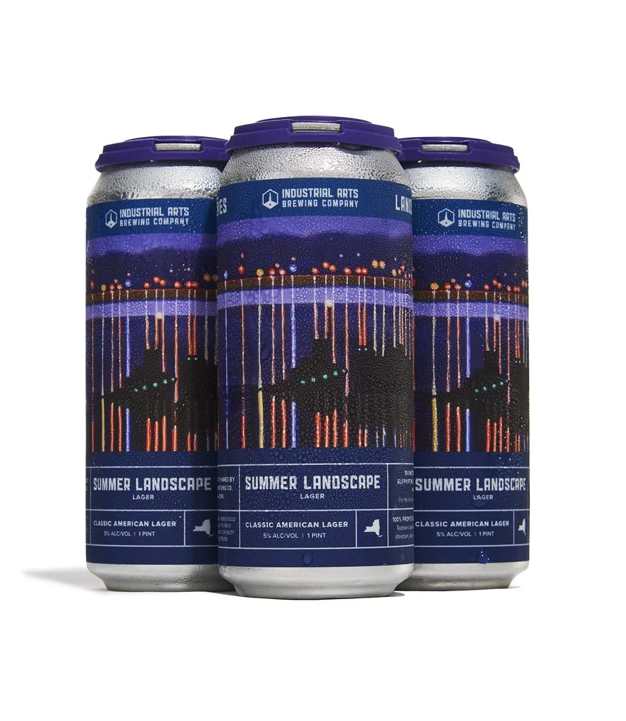 INDUSTRIAL ARTS BREWING - SUMMER LANDSCAPE (IN CANS). This pre-prohibition style lager is made with 6-row Pilsner malt, flaked and cracked corn from Hudson Valley Malt and NY Craft Malt, lightly spicy all-NYS hops from Pedersen Farms, and house lager