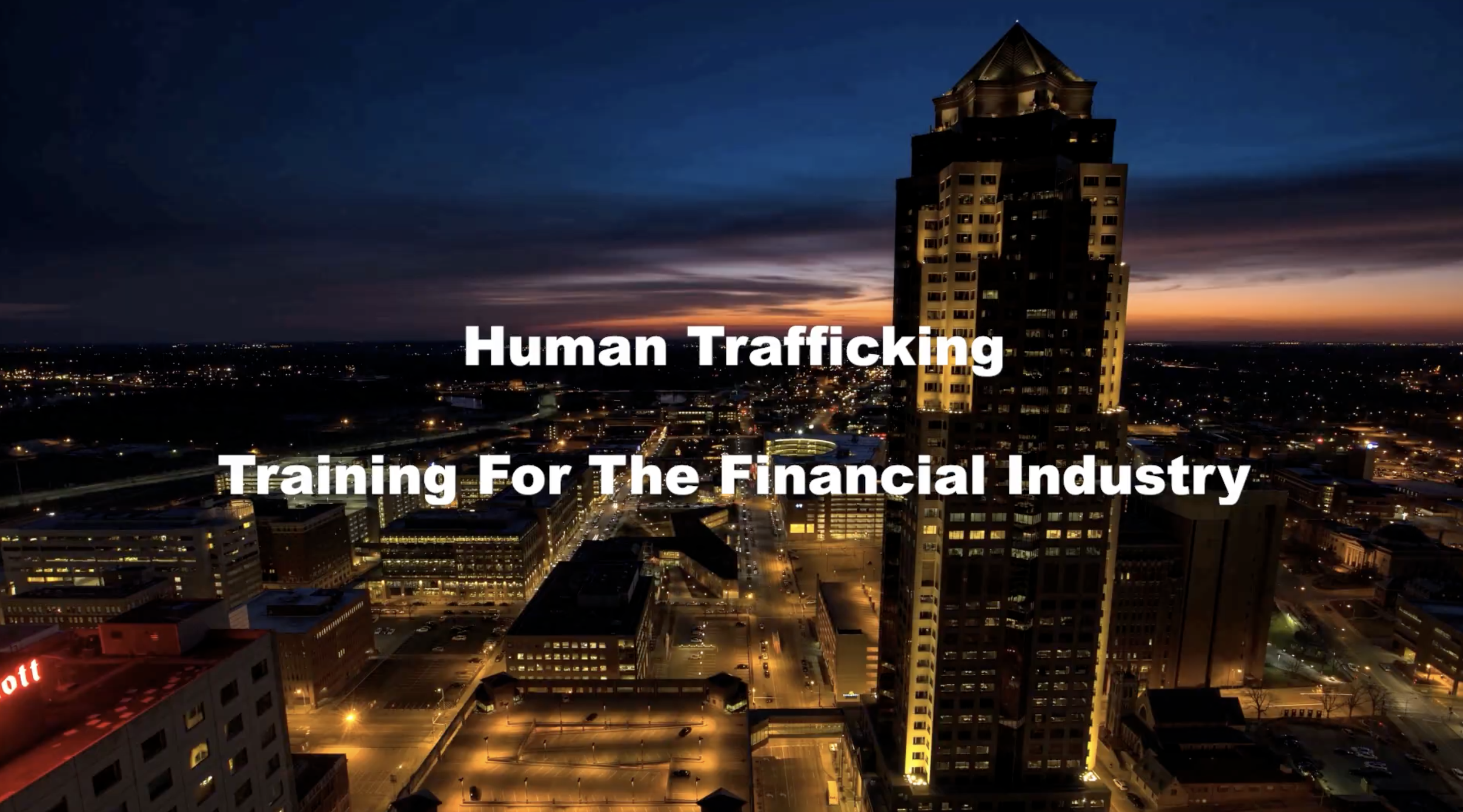 A city skyline during sunset with a tall building in the foreground, overlaid with white text that reads