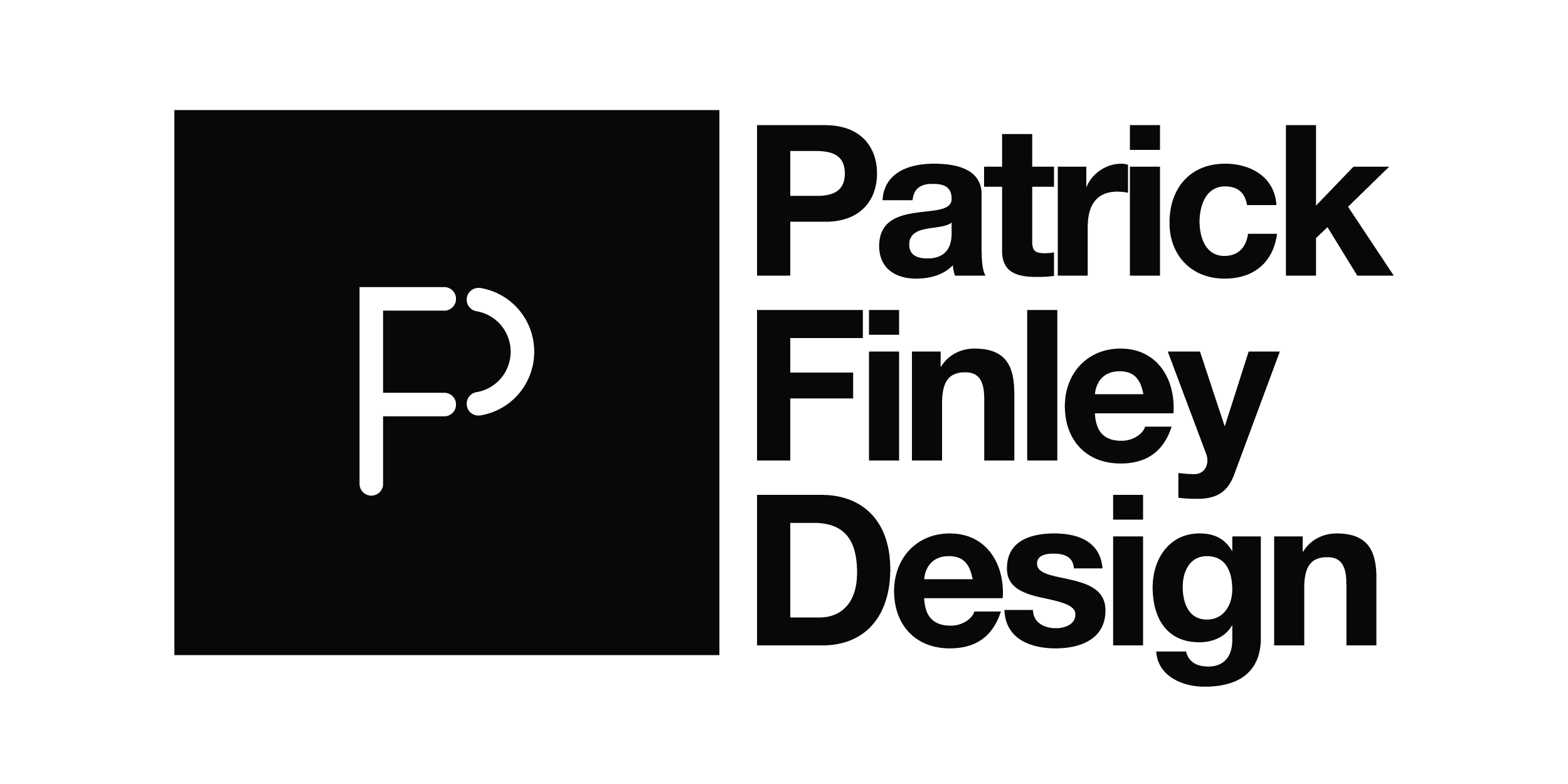 Logo featuring a black square with a white 'F' with a curved line on the right side, and black text reading 'Patrick Finley Design' to the right of the square.