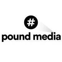 Black and white logo with a hashtag symbol above the text 'pound media'