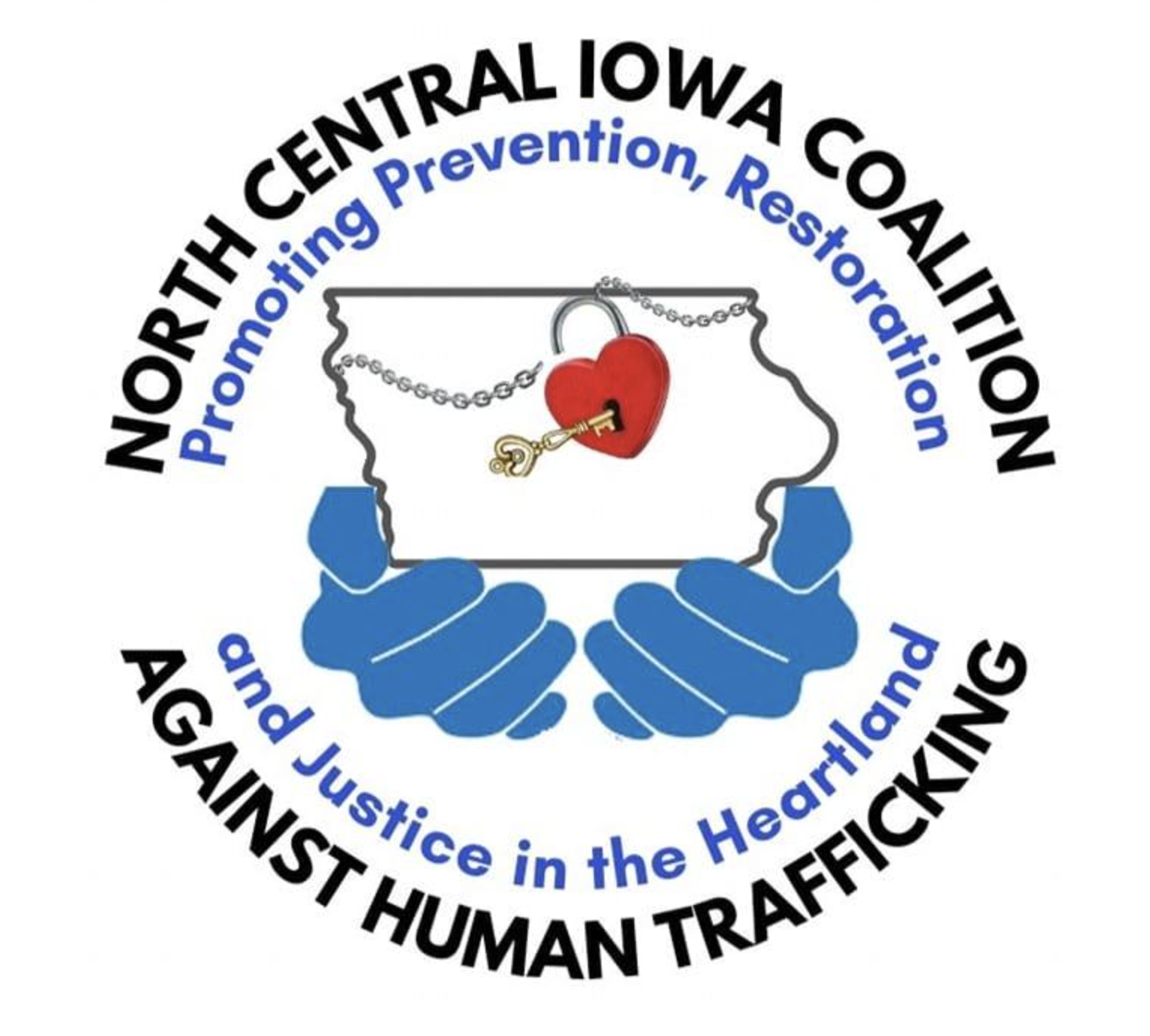 A logo featuring blue hands holding a rectangular frame with a red heart-shaped lock and a gold key. The text around the logo reads: 'North Central Iowa Coalition Promoting Prevention, Restoration and Justice in the Heartland AGAINST HUMAN TRAFFICKING' with some text in black and some in blue.