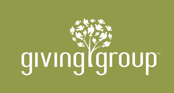 Logos of Giving Group with a tree made of white leaves on an olive green background.