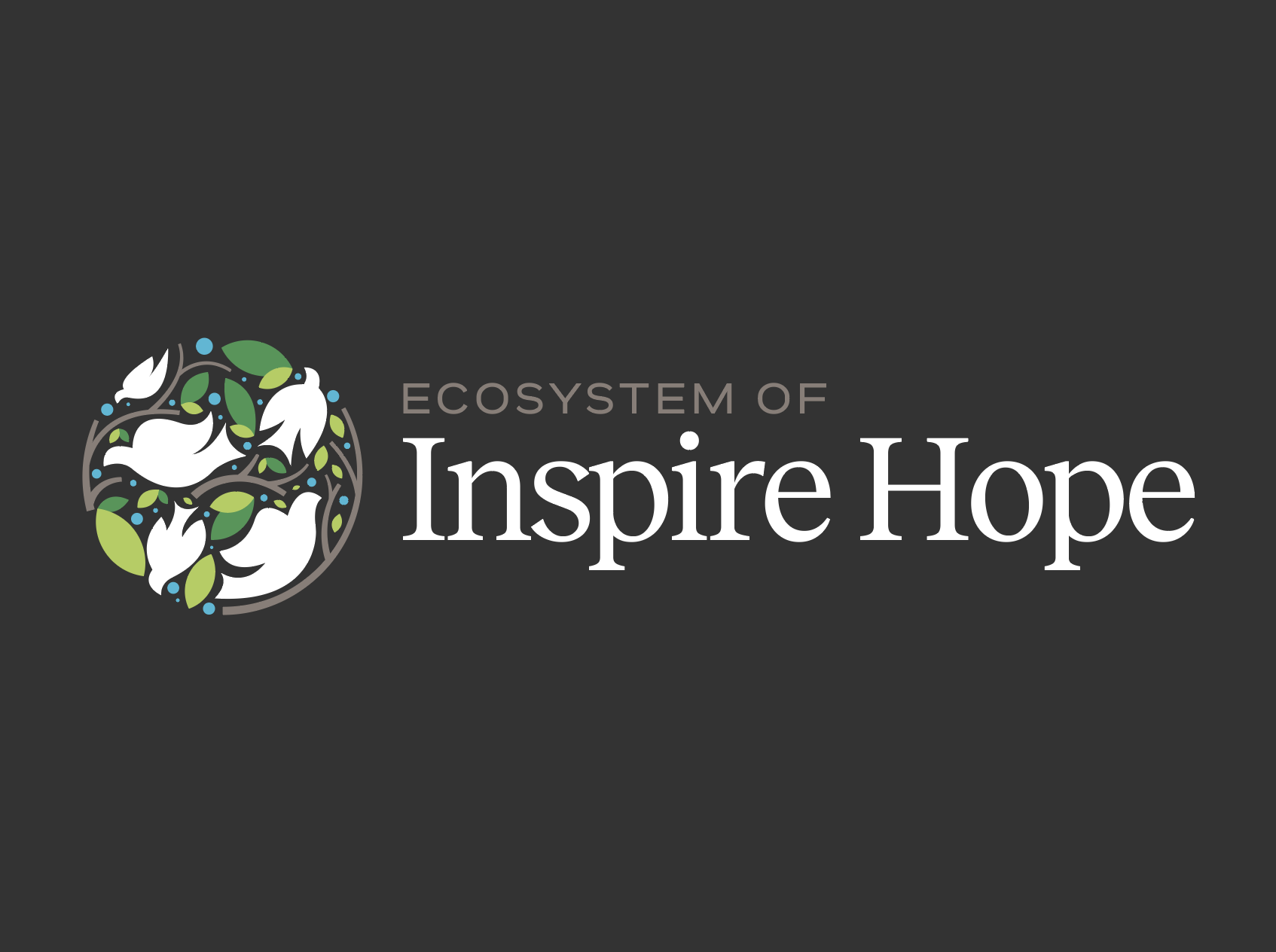 Logo for Ecosystem of Inspire Hope featuring a stylized globe with white and green leaves and small blue accents, alongside the text 'Ecosystem of Inspire Hope' on a dark background.
