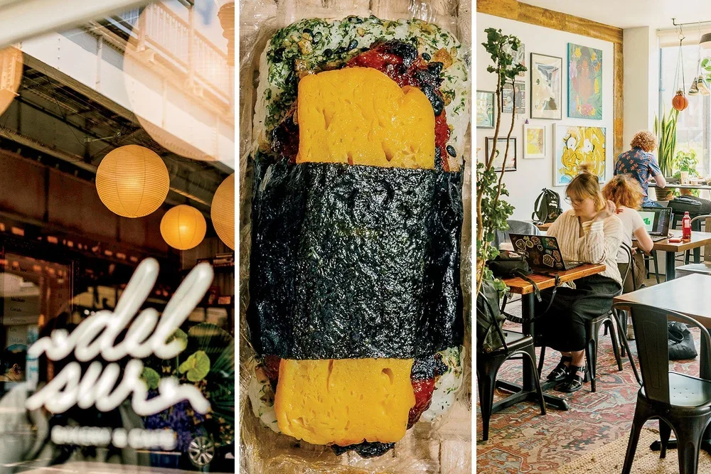 From left to right: a close-up of a restaurant or café window with hanging lanterns and the restaurant's name, an onigiri rice ball wrapped in nori with egg and vegetables, and a cozy café interior with people working on laptops and art on the walls.