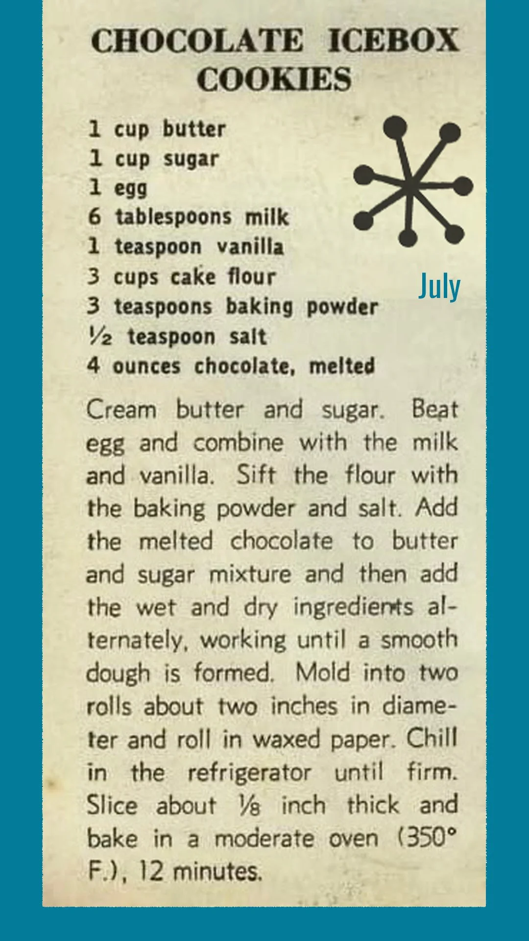july newspaper clipping chocolate ice box cookies