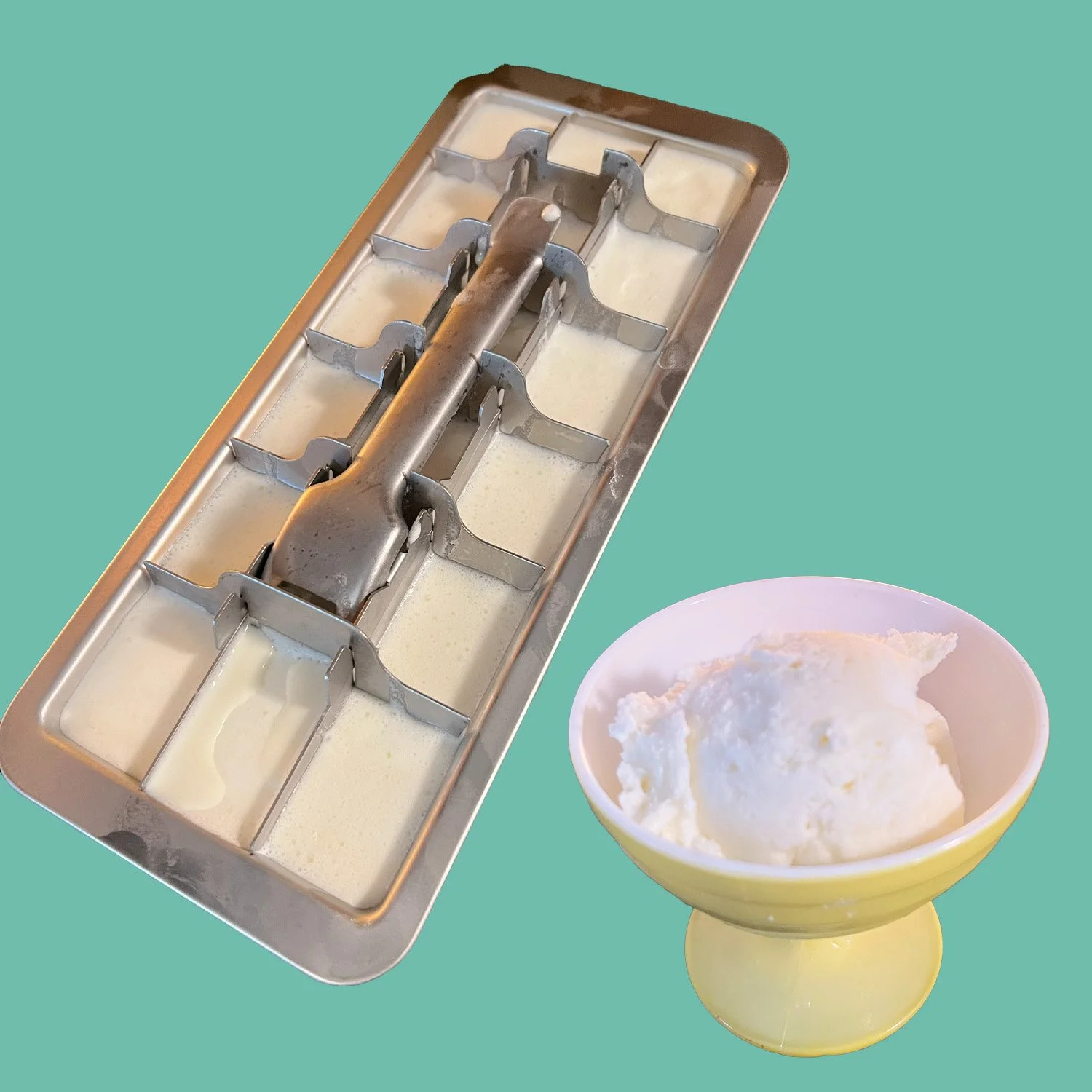 ice tray and cup of ice cream