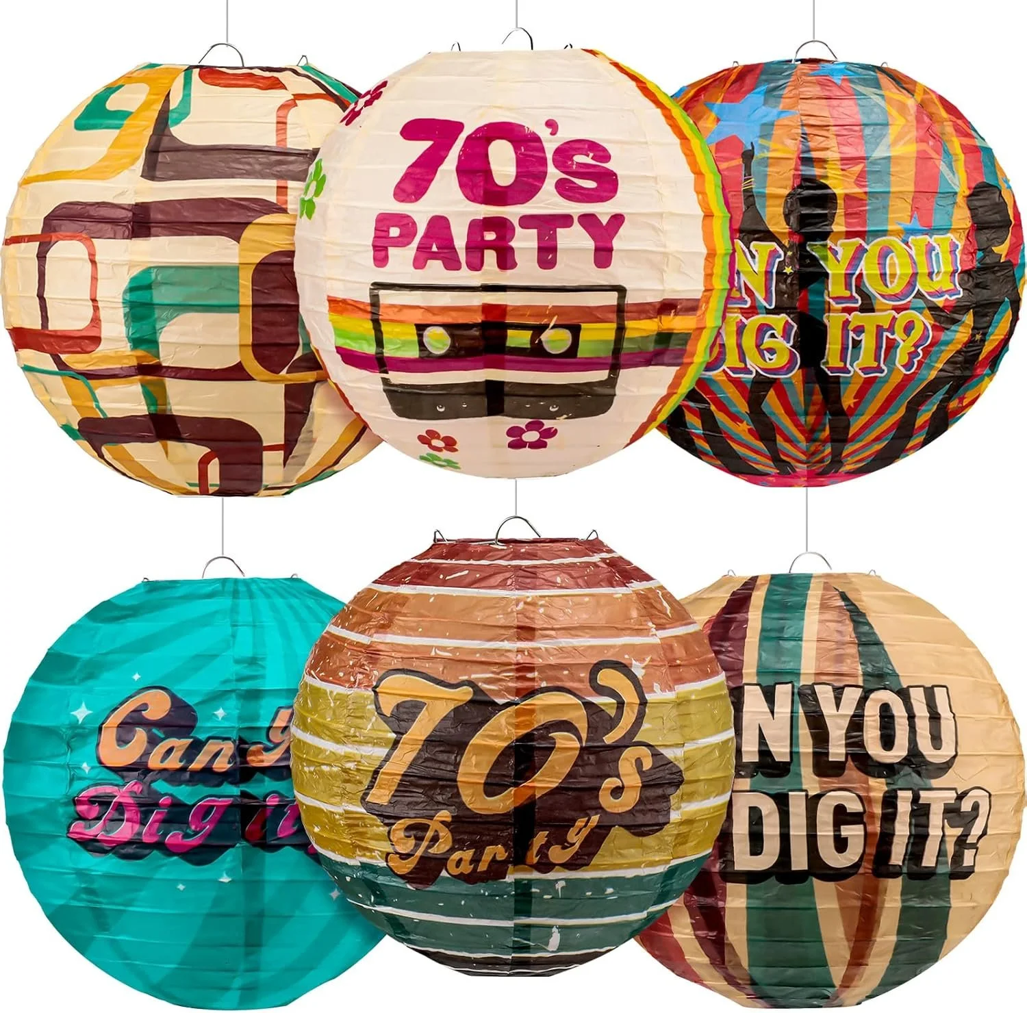 6 Pieces 70s Disco Party Hanging Paper Lanterns 70s Party Hippie Decoration Can You Dig It Paper Lanterns Retro Round Paper Lanterns for 70's