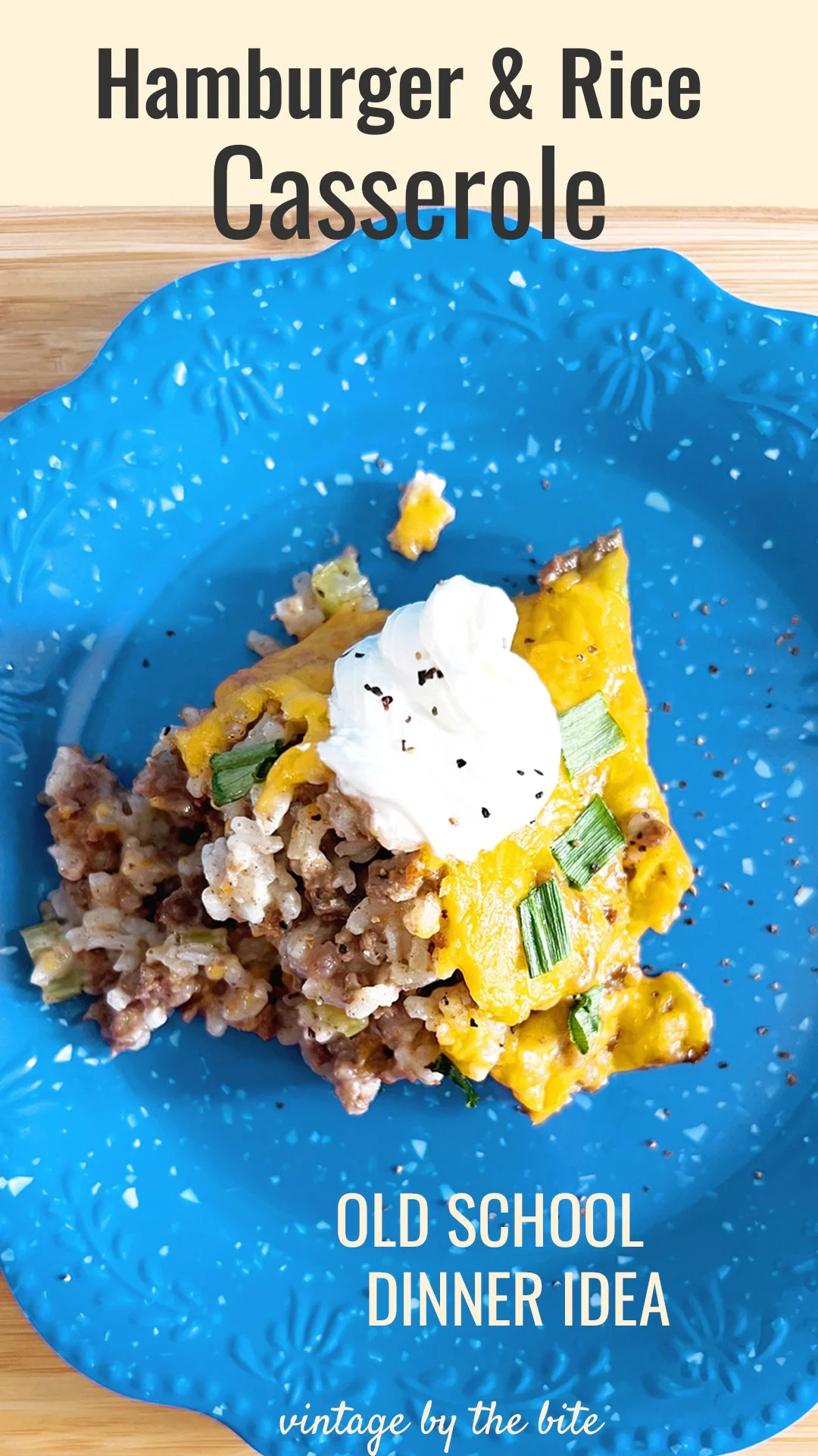 hamburger and rice casserole on blue plate